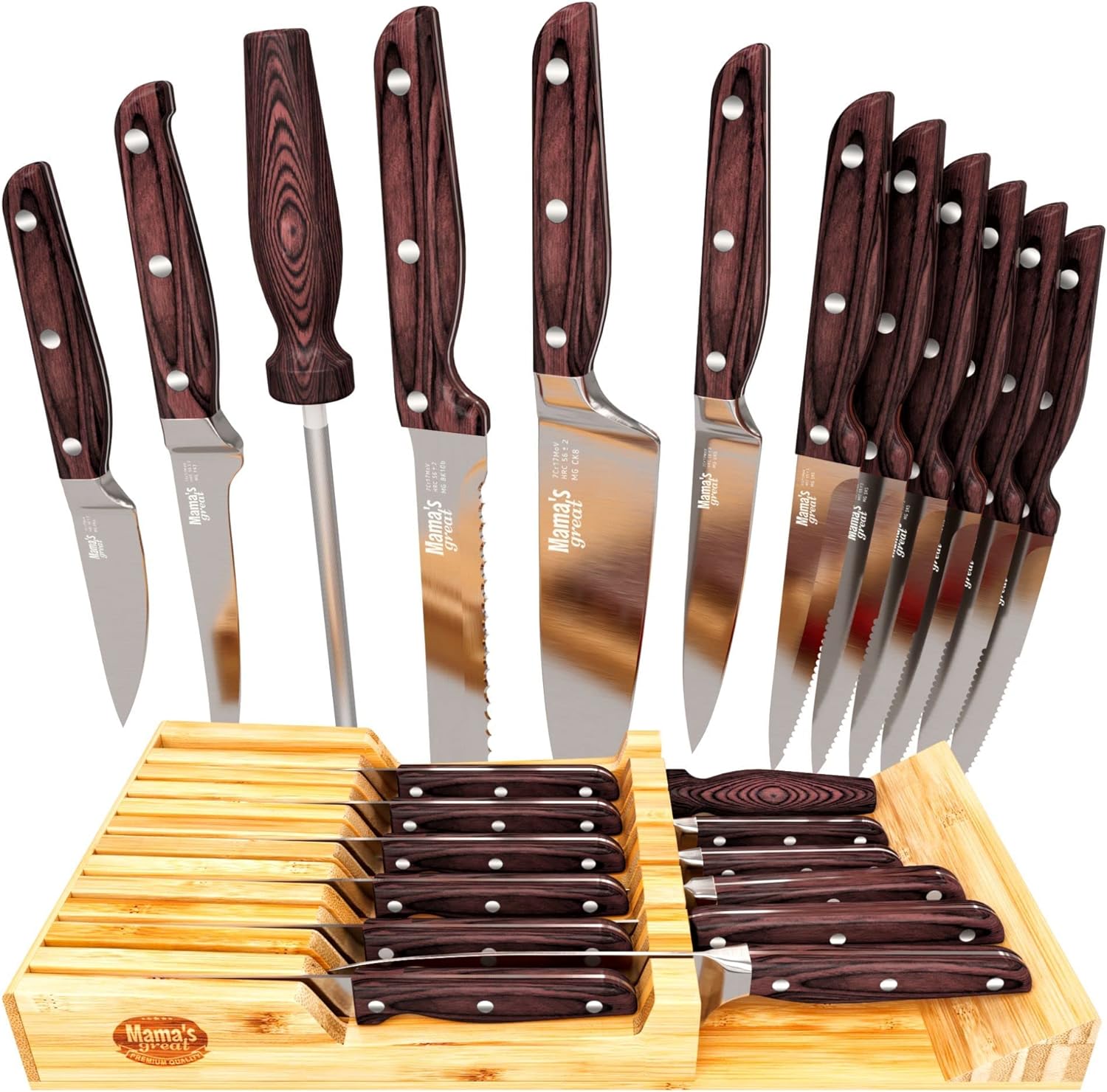 12 Piece Kitchen Knife Set with Wooden Drawer Organizer in a Gift Box