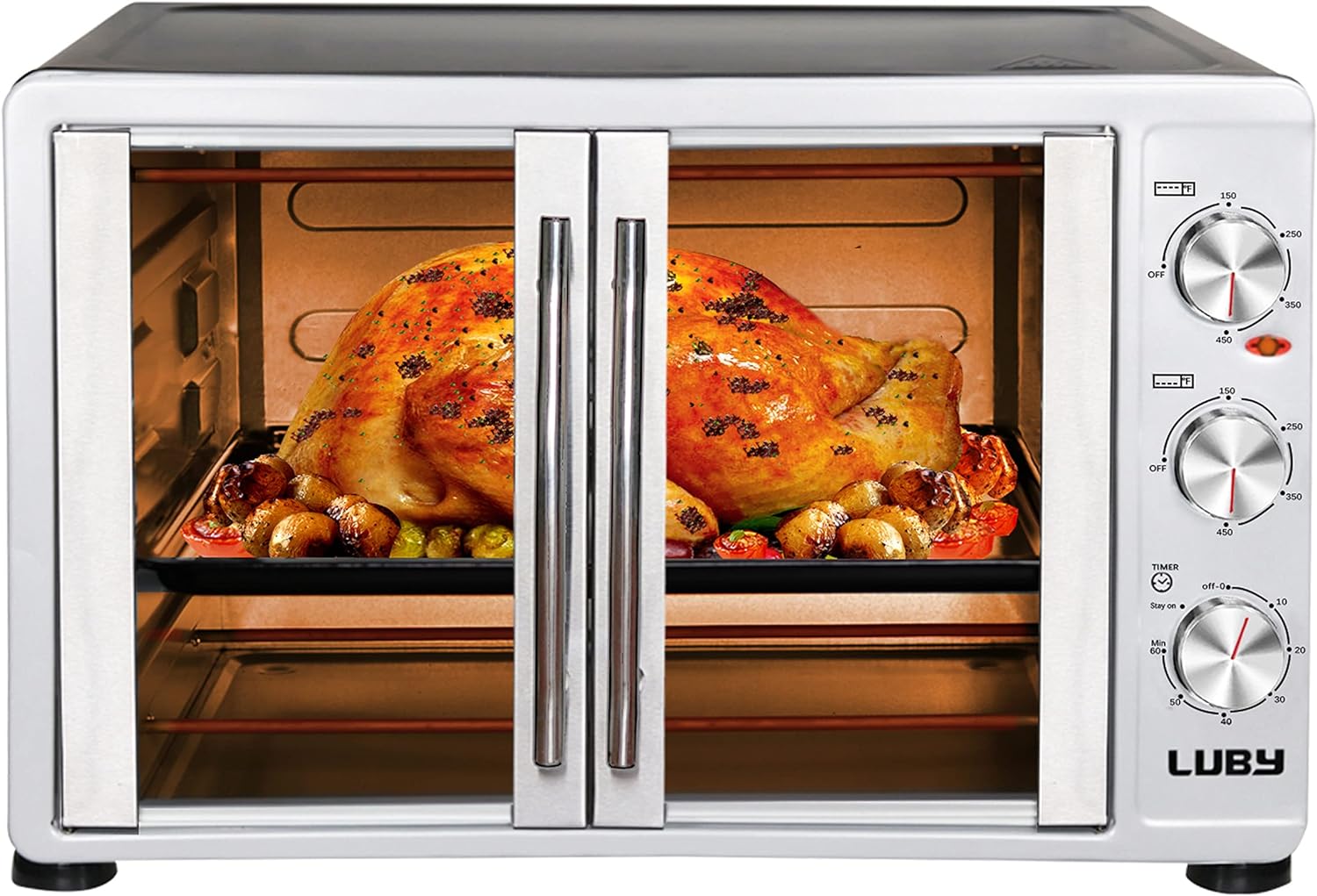 Large Toaster Oven Countertop, French Door Designed, 55L, 18 Slices, 14'' pizza, 20lb Turkey, Silver