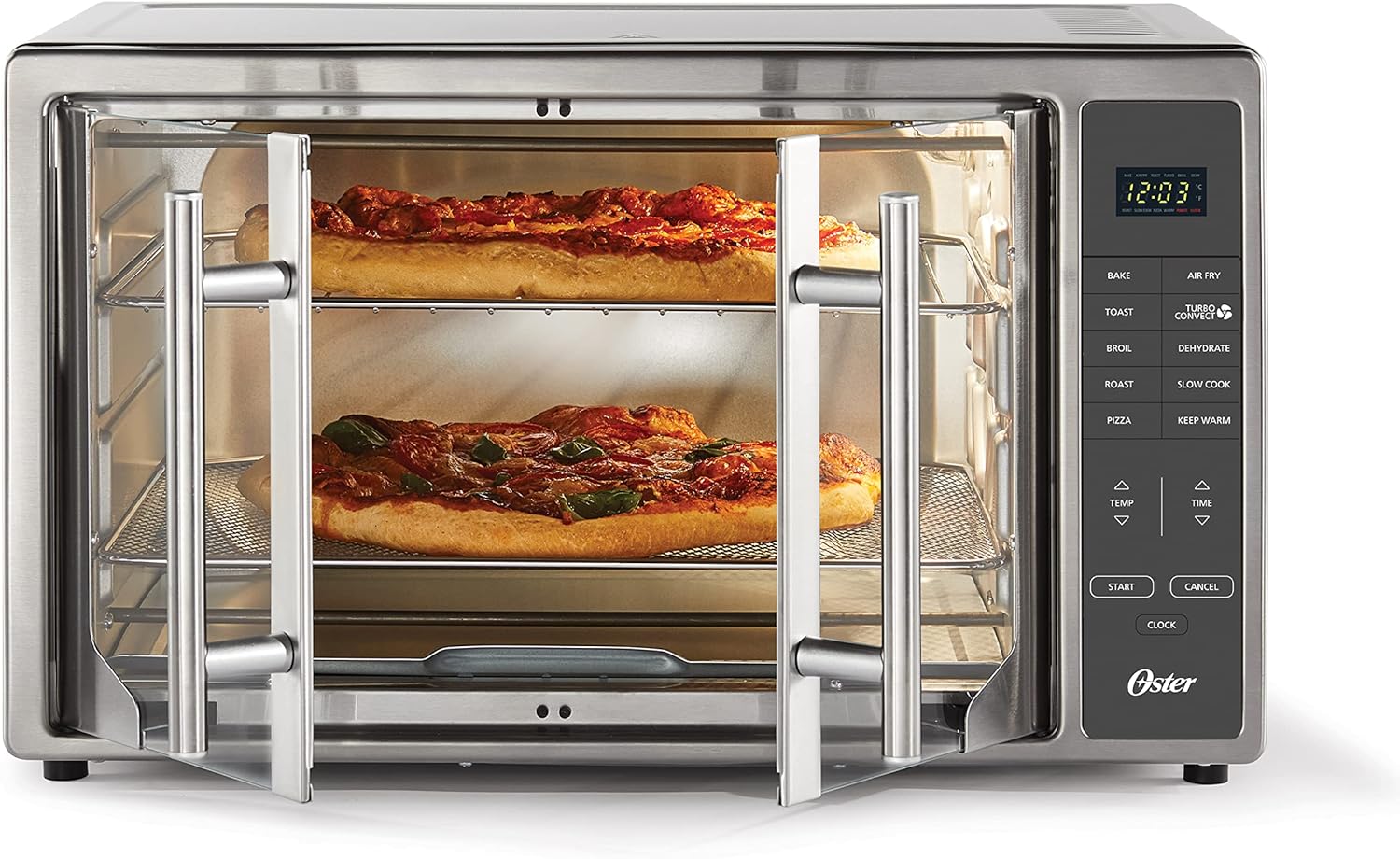 Oster Air Fryer Oven, 10-in-1 Countertop Toaster Oven, XL Fits 2 16 Pizzas, Stainless Steel French Doors