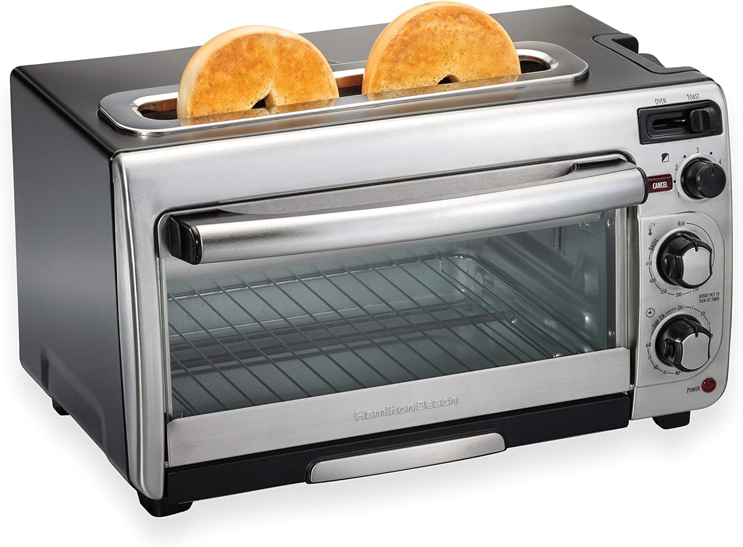 Hamilton Beach 2-in-1 Countertop Toaster Oven and Long Slot 2 Slice Toaster, 60 Minute Timer and Automatic Shut Off, Shade Selector, Stainless Steel (31156)