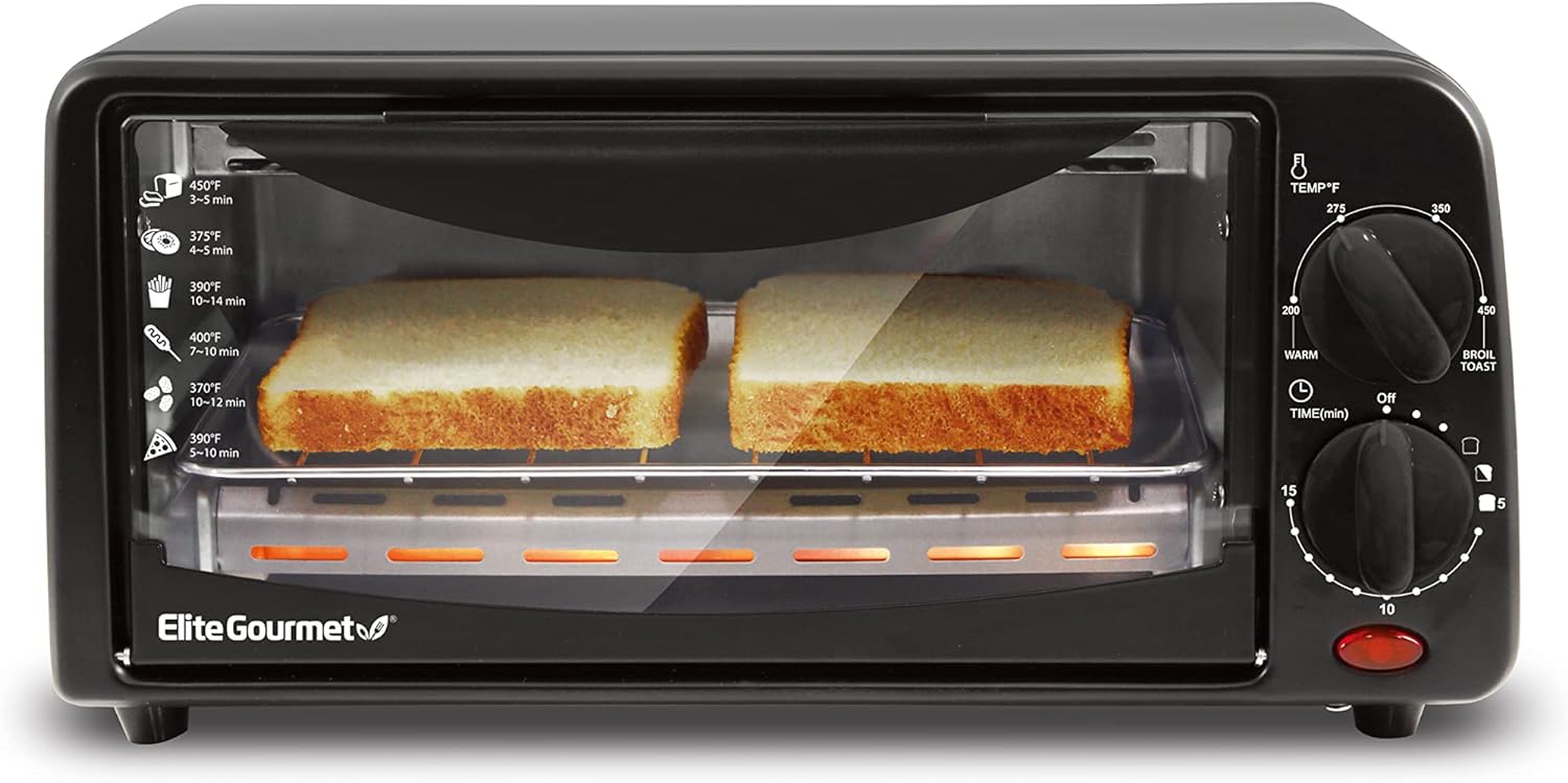 Elite Gourmet ETO236 Personal 2 Slice Countertop Toaster Oven with 15 Minute Timer Includes Pan and Wire Rack, Bake, Broil, Toast, Black