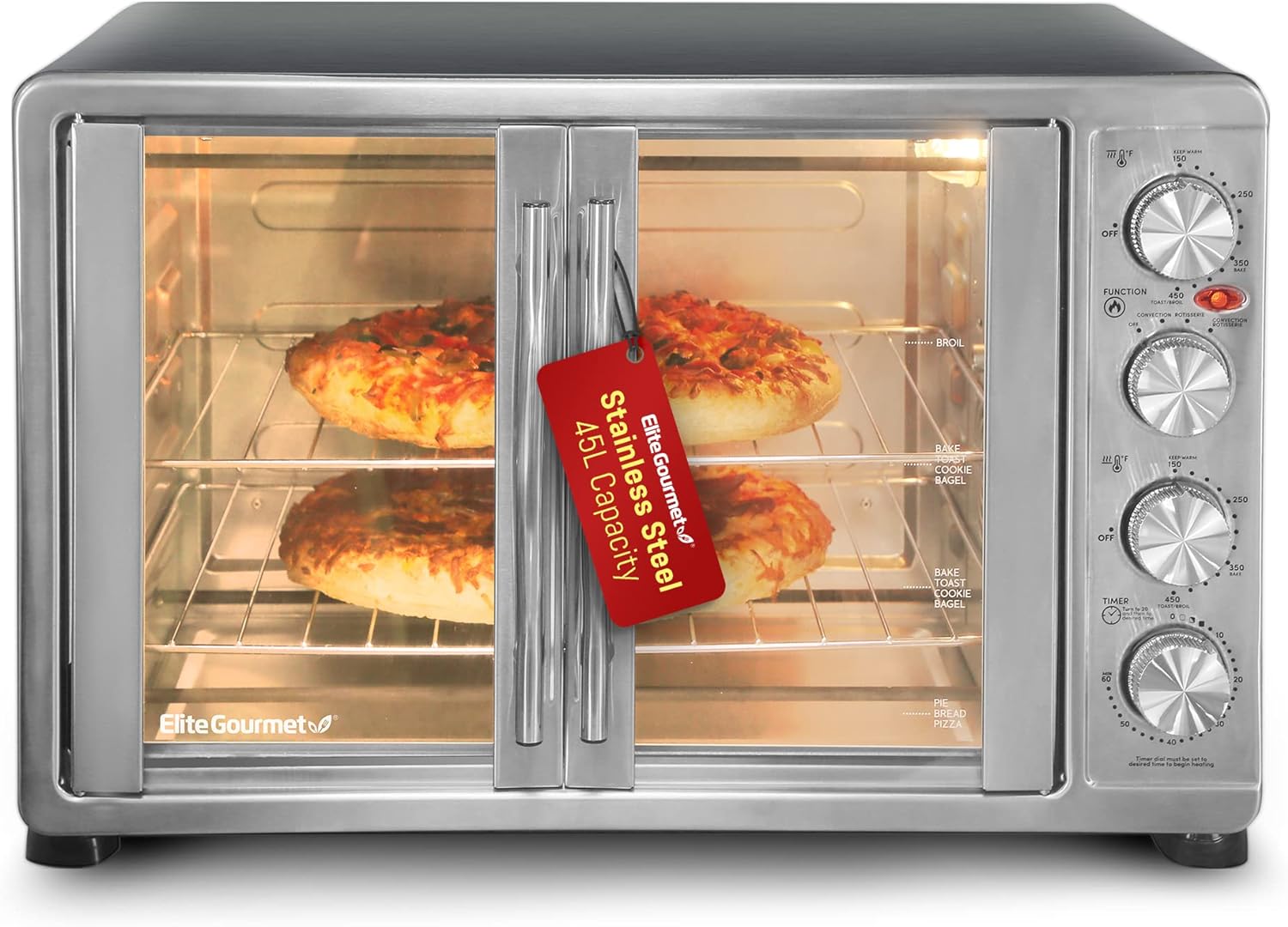 Elite Gourmet ETO-4510M French Door 47.5Qt, 18-Slice Convection Oven 4-Control Knobs, Bake Broil Toast Rotisserie Keep Warm, Includes 2 x 14 Pizza Racks, Stainless Steel