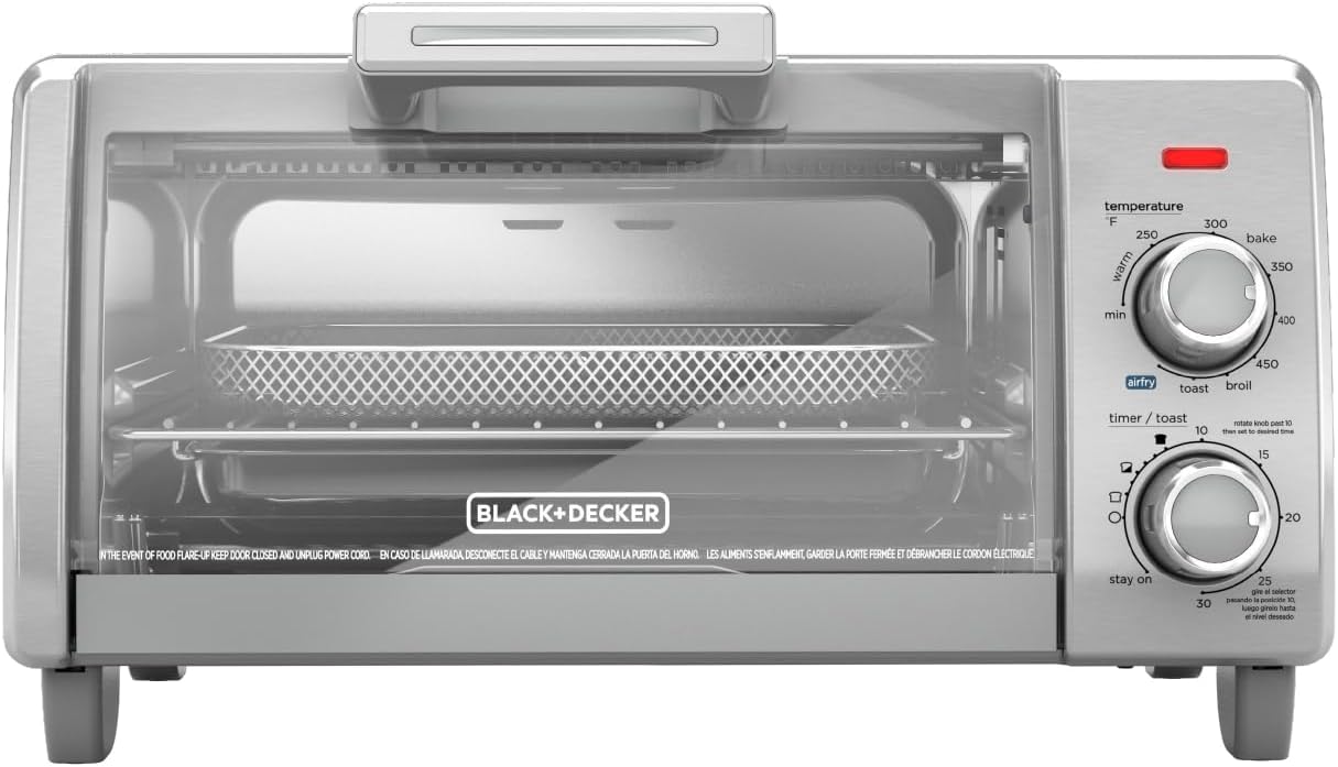 BLACK+DECKER 4-Slice Crisp 'N Bake Air Fry Toaster Oven, TO1787SS, 5 Cooking Functions, 30 Minute Timer, Stainless Steel