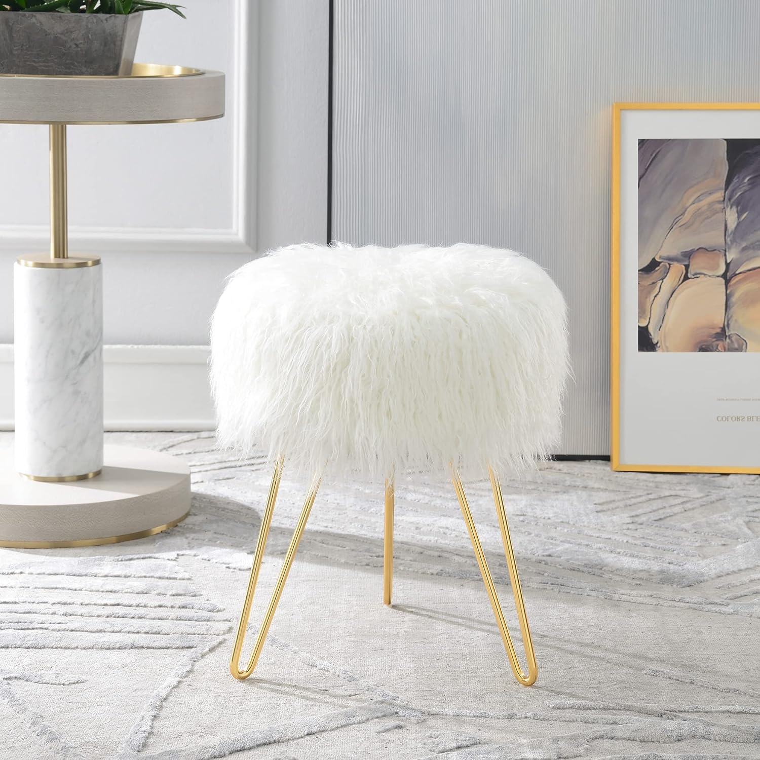 Comfortland Faux Fur Vanity Stool for Vanity Desk, Round Fuzzy Ottoman Foot Stool for Vanity Table, Fluffy Makeup Chair, Furry Vanity Seat for Dressing Room, Living Room, Bathroom, Bedroom White