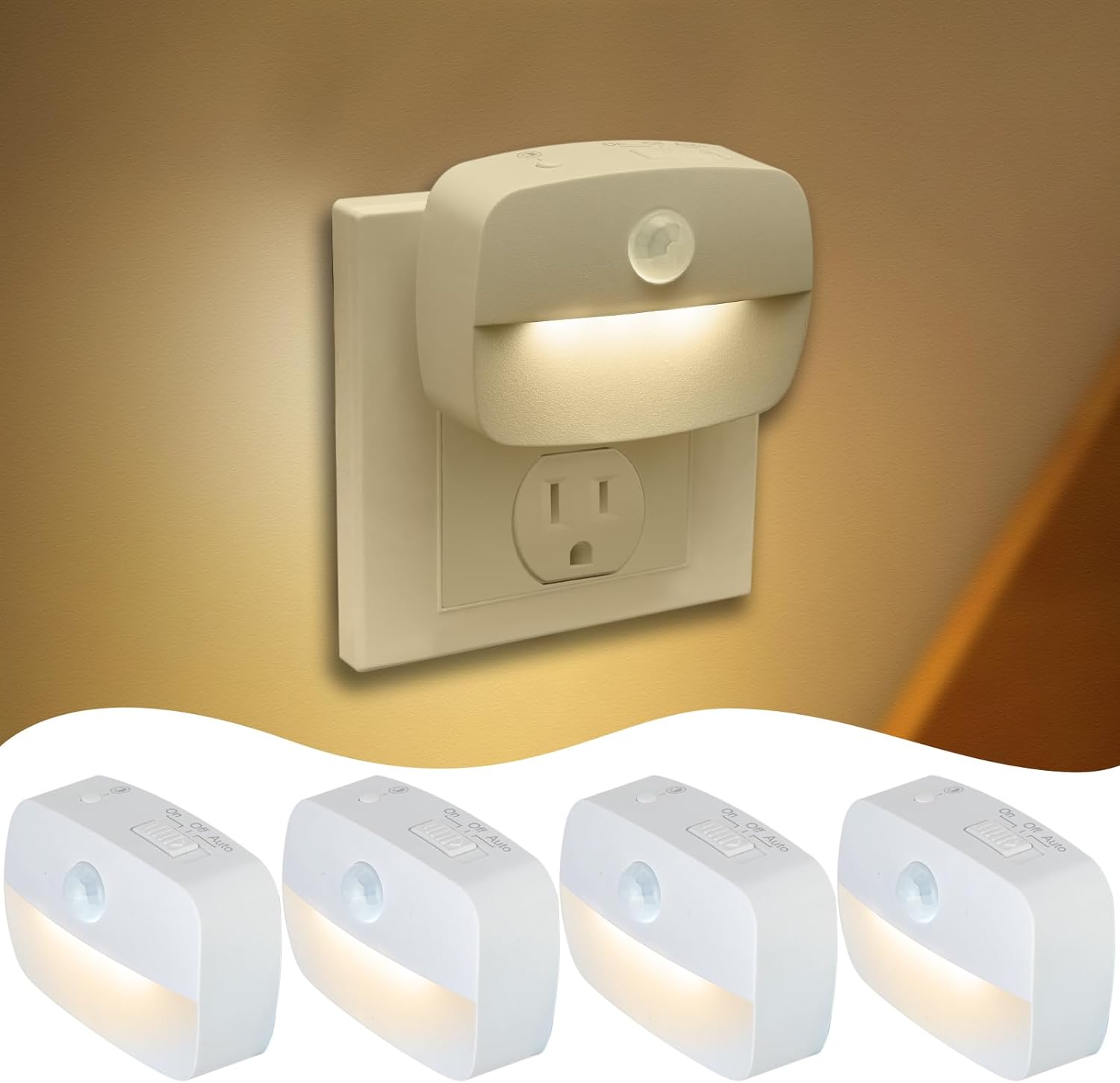 Motion Sensor Night Light Plug in 4 Pack,10-60Lm Stepless Dimming,3 Light Modes with Memory, Smart Night Lights Plug Into Wall Sensor,Dusk to Dawn Sensor for Bedroom,Toilet,Hallway,Kitchen