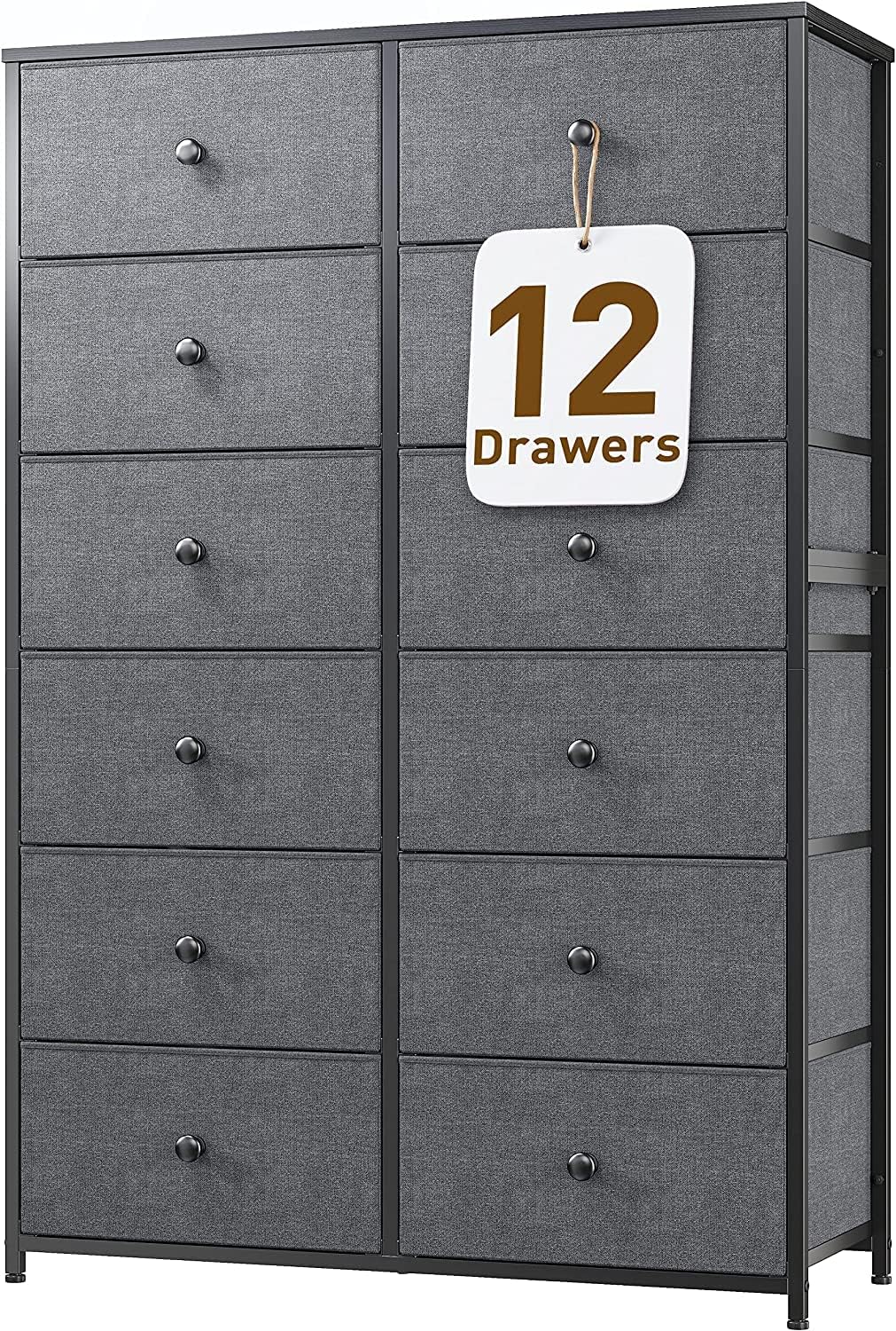 EnHomee Dresser, Dressers & Chests of Drawers Tall Dressers for Bedroom with12 Drawers Dresser Grey Dresser for Clothes Closet, Wooden Top & Metal Frame,35 L x 12 W x 52 H Grey