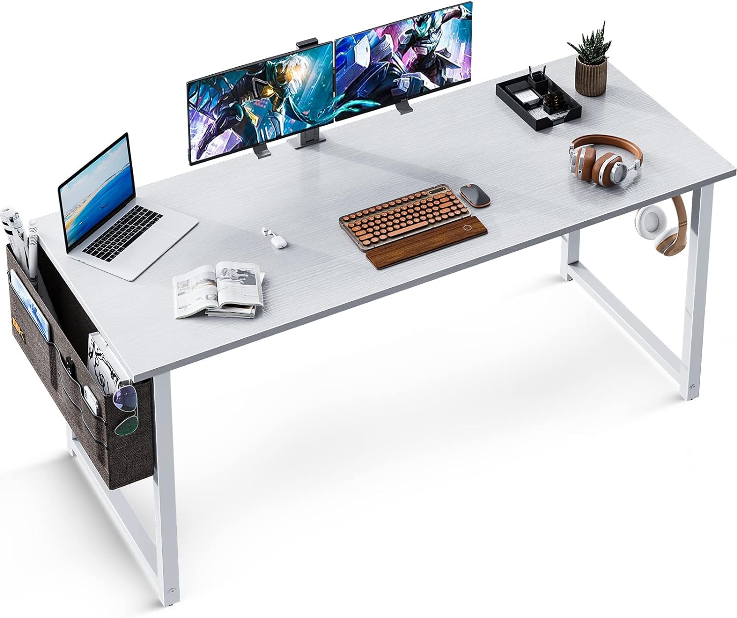 ODK Computer Writing Desk 55 inch, Sturdy Home Office Table, Work Desk with A Storage Bag and Headphone Hook, White   White Leg