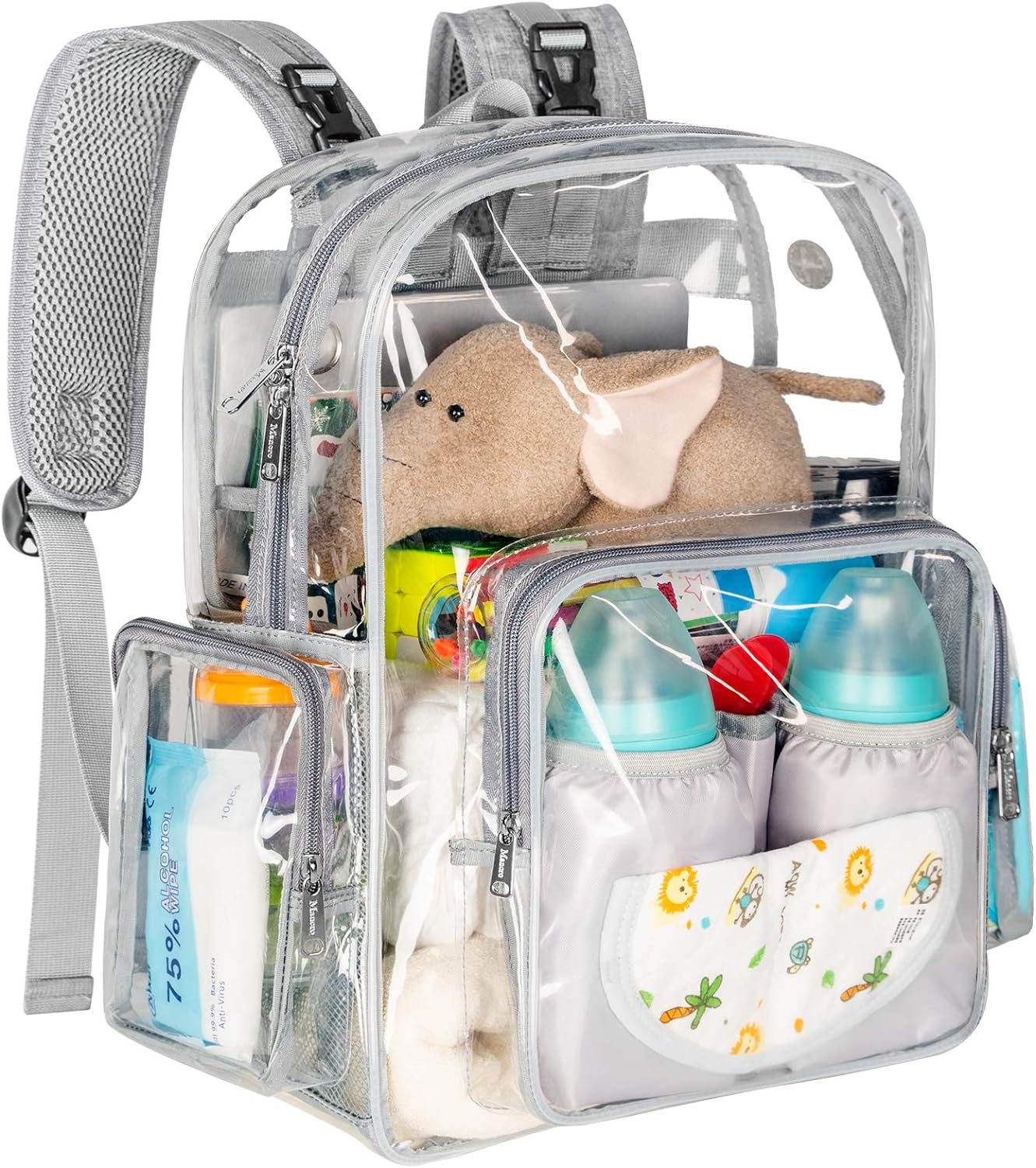 Mancro Diaper Bag Backpack, Clear Baby Bag Heavy Duty Transparent Backpack for Girls Boys, Multifunction Large Travel Back Pack Maternity Baby Changing Bags for Mom with Stroller Straps, Grey