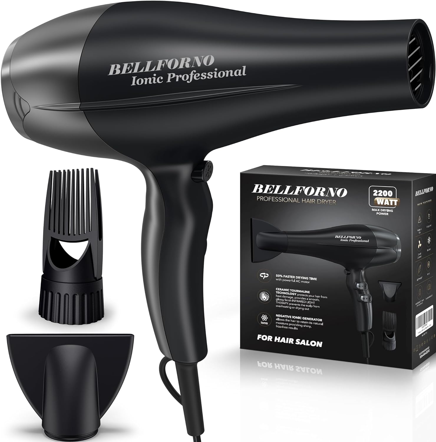 Fast-Dry 2200W Negative Ionic Ceramic Hair Dryer Tourmaline Technology - Lightweight & Quiet Professional Salon Blow Dryer with ADC Motor - hairdryer