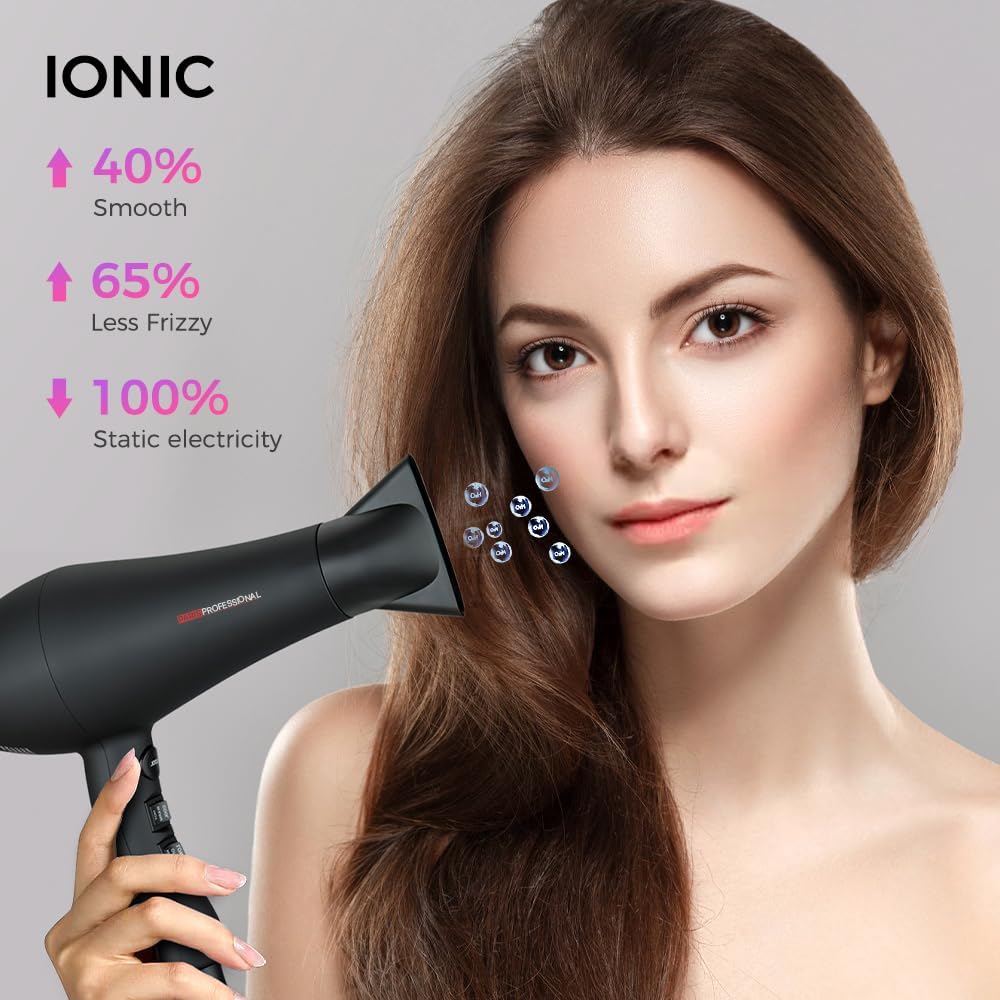 Ionic Hair Dryer 1875W, Fast Dry Blow Dryer with Diffuser for Curly Hair, Low Noise, Salon Professional Hair Blow Dryer, 2 Speed 3 Heat 1 Cool Setting