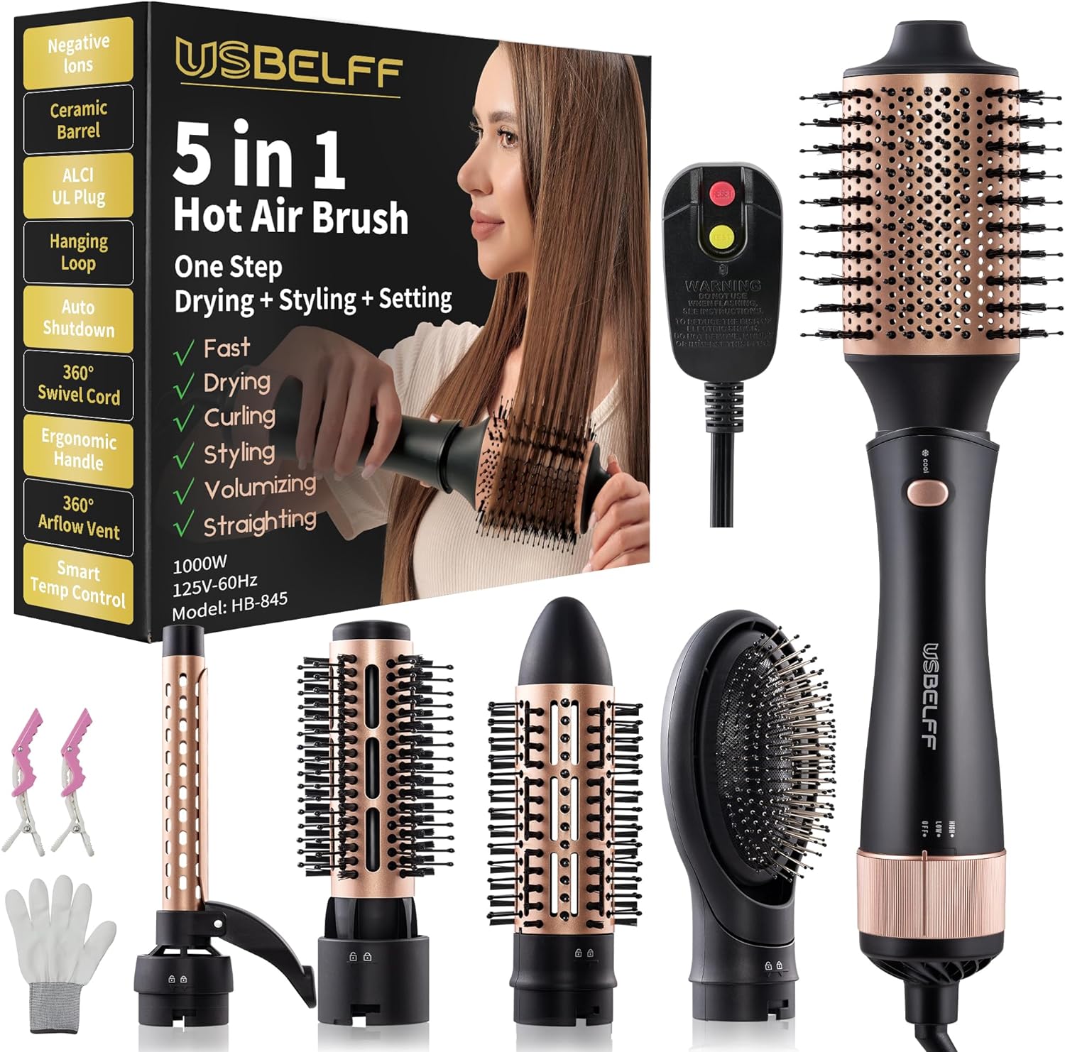 Hot Air Hair Dryer Brush - 5-in-1 Round Blow Drying Brush Set for One-Step Blow Drying, Volumizing, Styling Straighting and Slightly Waving Hairs