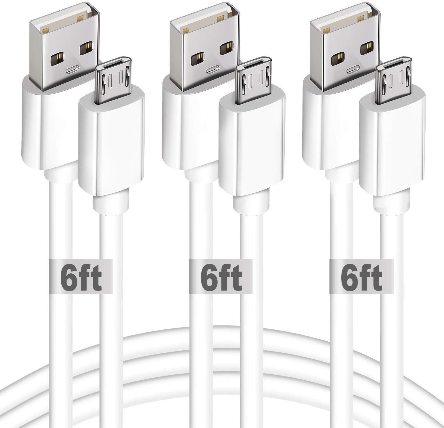 USB to Micro USB Cable, 3Pack 6 FT Long Fast Charge USB 2.0 A Male to Micro B Sync Charger Cord for Android, Samsung, LG, HTC, Motorola, Nokia, MP3, Camera - White