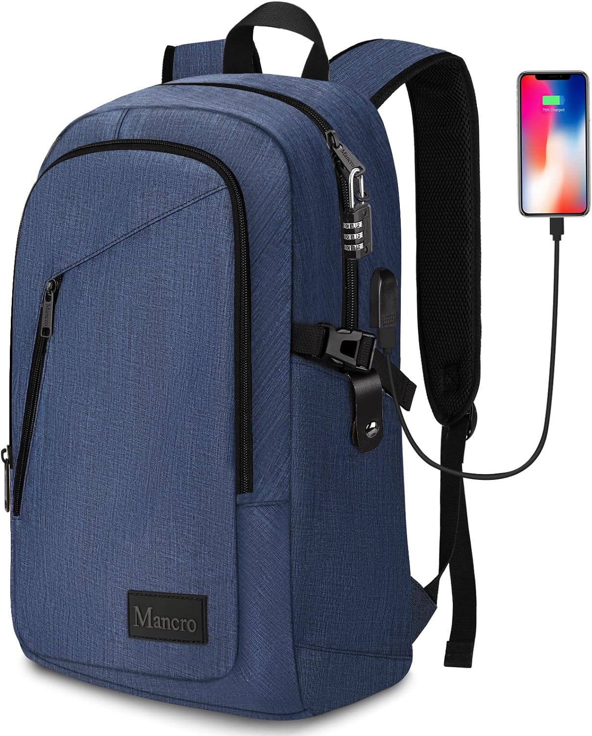 Mancro Laptop Backpack, 15.6 inch Business Backpack Water Resistant Laptops Backpack for Men Women Travel Backpack with USB Charging Port(Blue, 15.6 inch)