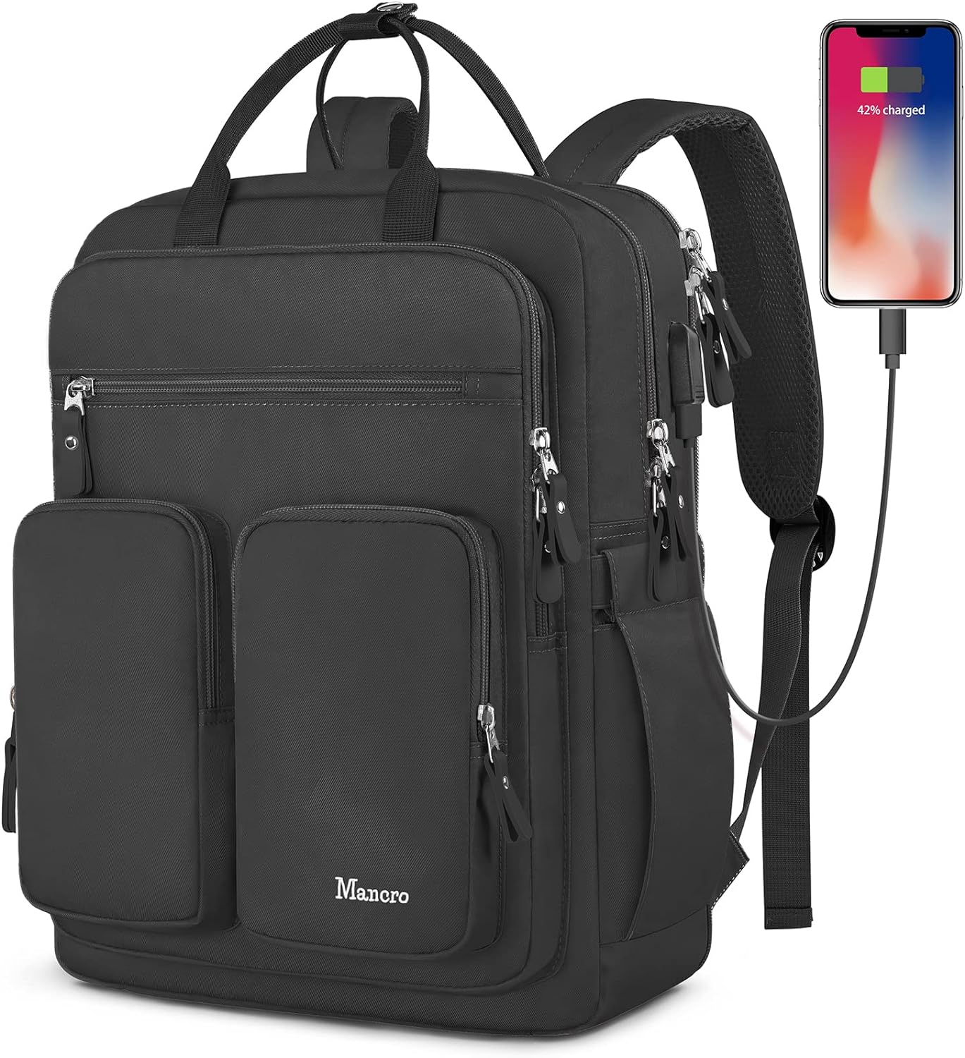 Mancro Travel Backpack for Women with TSA Laptop Compartment, 15.6 Inch Laptop Backpack with USB Charging Port and Dry-Wet Pocket, Fashion Computer Backpack for Women, Black