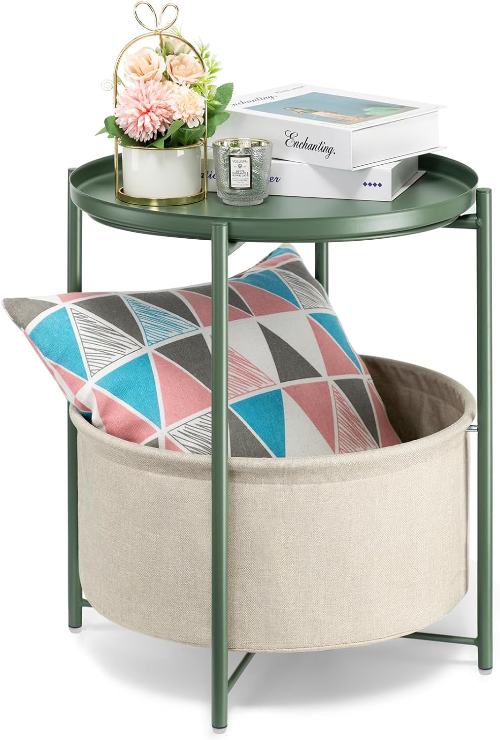 danpinera Round Side Table with Fabric Storage Basket, Metal Side Table Small Bedside Table Nightstand with Removable Tray for Living Room, Bedroom, Nursery, Dark Green