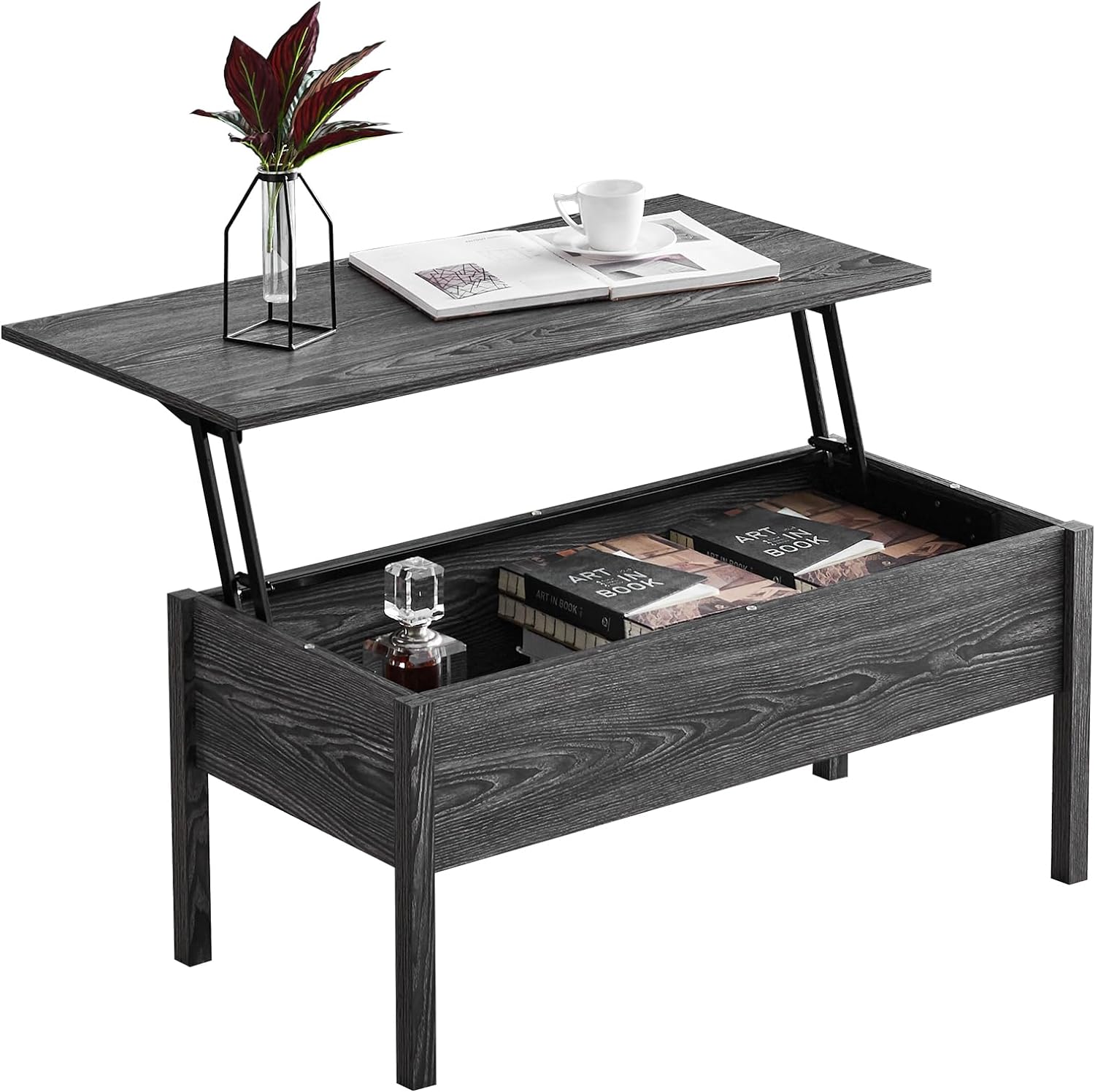 Modern Lift Top Coffee Table, Wooden Coffee Table with Lift Tabletop and Hidden Compartment, Center Table for Living Room, Dark Grey