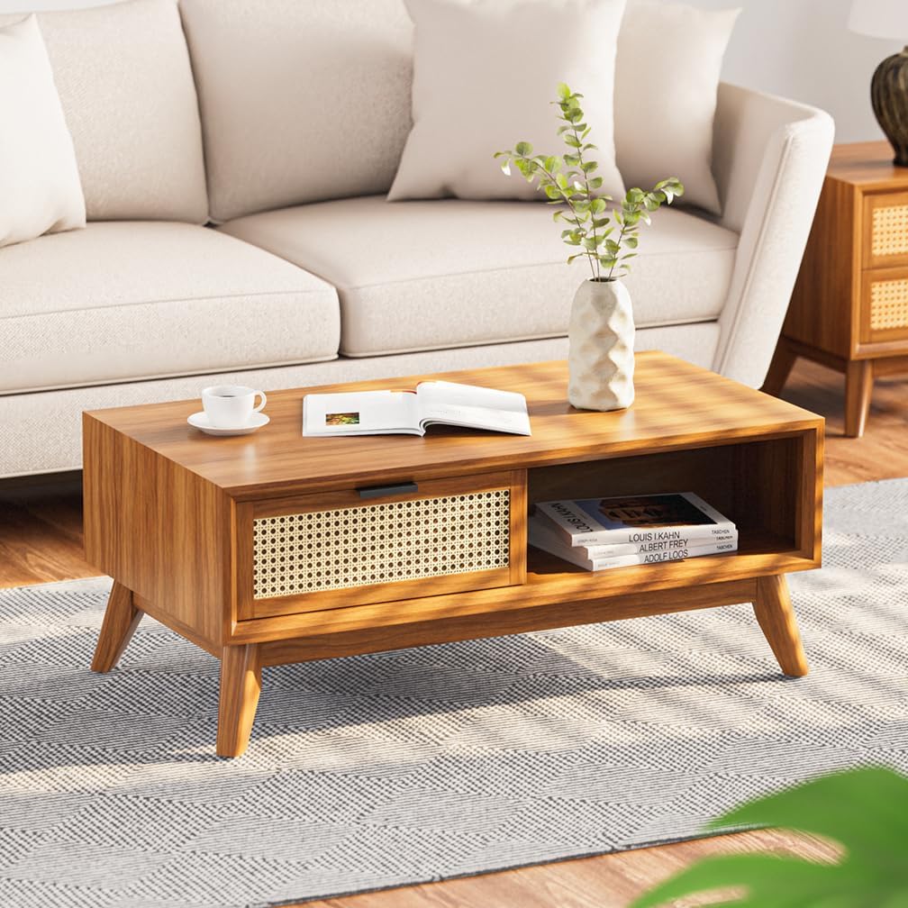 Bme Modern Solid Wood Coffee Table with Storage, Accent Rattan Design, Perfect for Living Room, Dark Chocolate, Medium