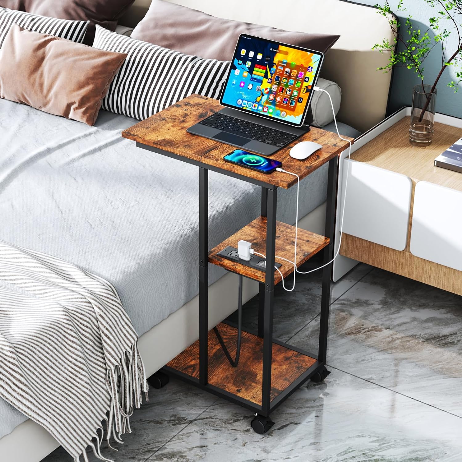 C Side Table with Wheels and Charging Station, Stylish C Shaped End Table with USB Ports and Outlets for Small Spaces - The C Table End Table Perfect for Living Room Bedroom