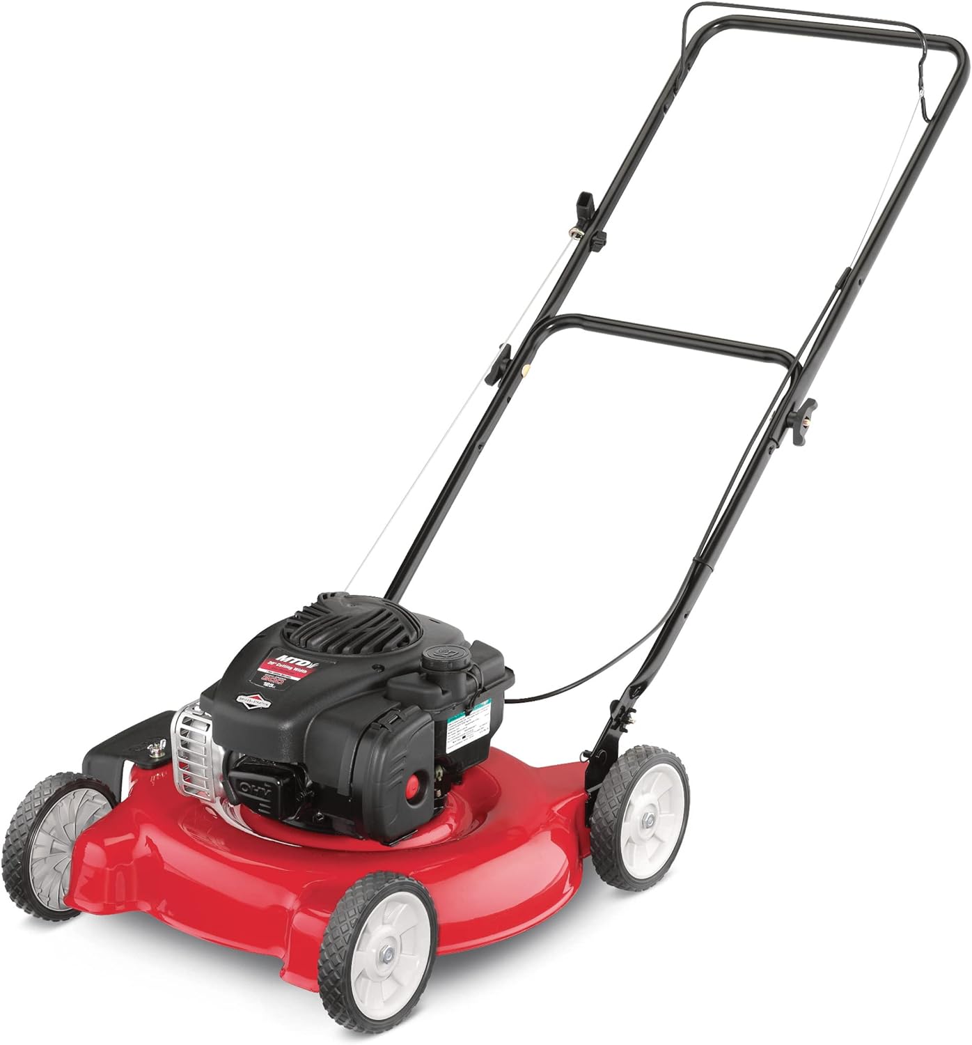 Gas Powered Push Lawn Mower with Engine Oil, 20 Inch Steel Cutting Deck, and Side Discharge for Outdoor Yards, Red/Black