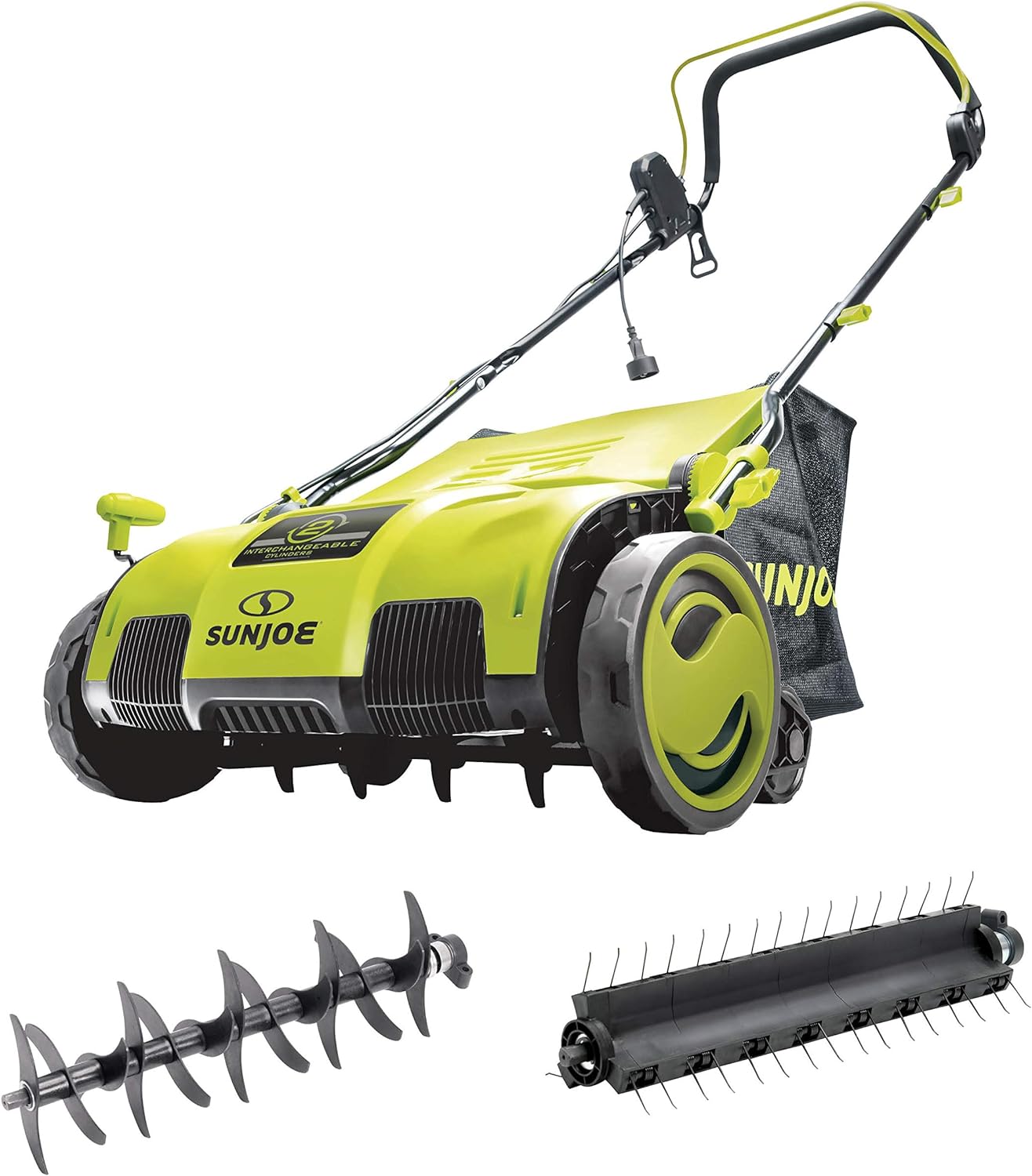 Sun Joe AJ805E 15-Inch 13-Amp Electric Dethatcher and Scarifier w/Removeable 13.2-Gal Collection Bag, 5-Position Height Adjustment, Airboost Technology Increases Lawn Health, Green