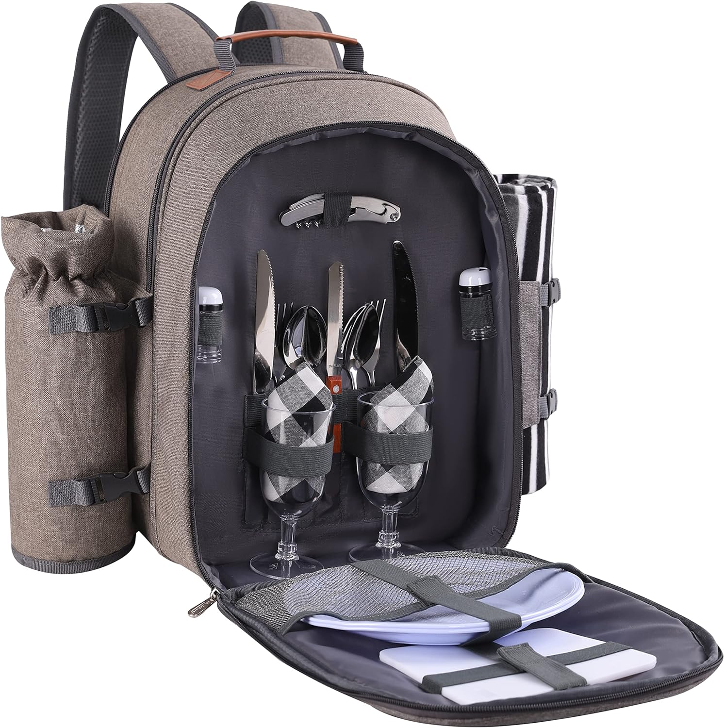 Apollo Walker Picnic Backpack Set for 2 Person with Cooler Compartment, Detachable Bottle/Wine Holder, Fleece Blanket, Plates and Cutlery Set (Beige)