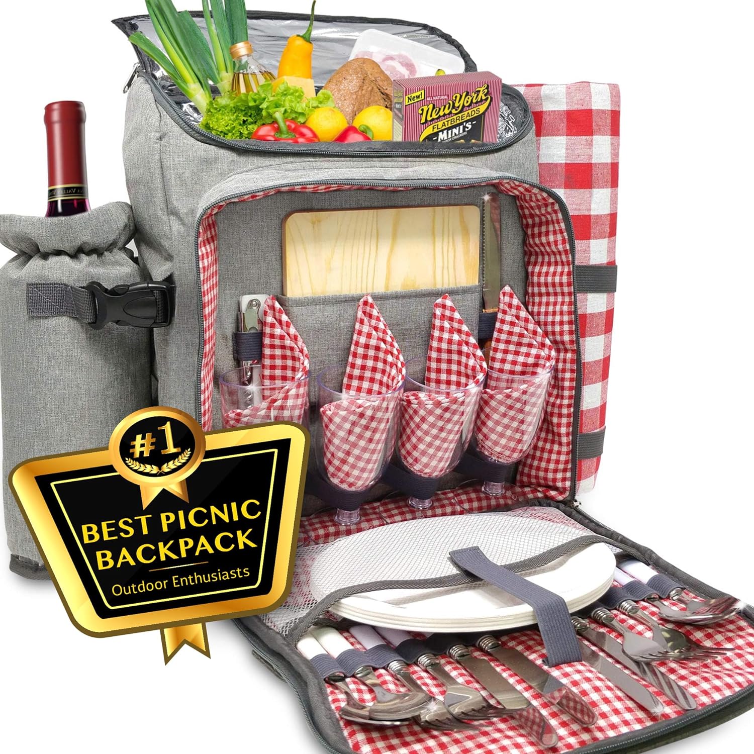 Luxury Picnic Backpack for 4: Insulated Cooler Bag with Blanket, Wine & Cheese Essentials, Gourmet Set, Perfect for Beach, Camping, Travel, Premium Plaid Strap, Folding Table, Waterproof, Family Kit