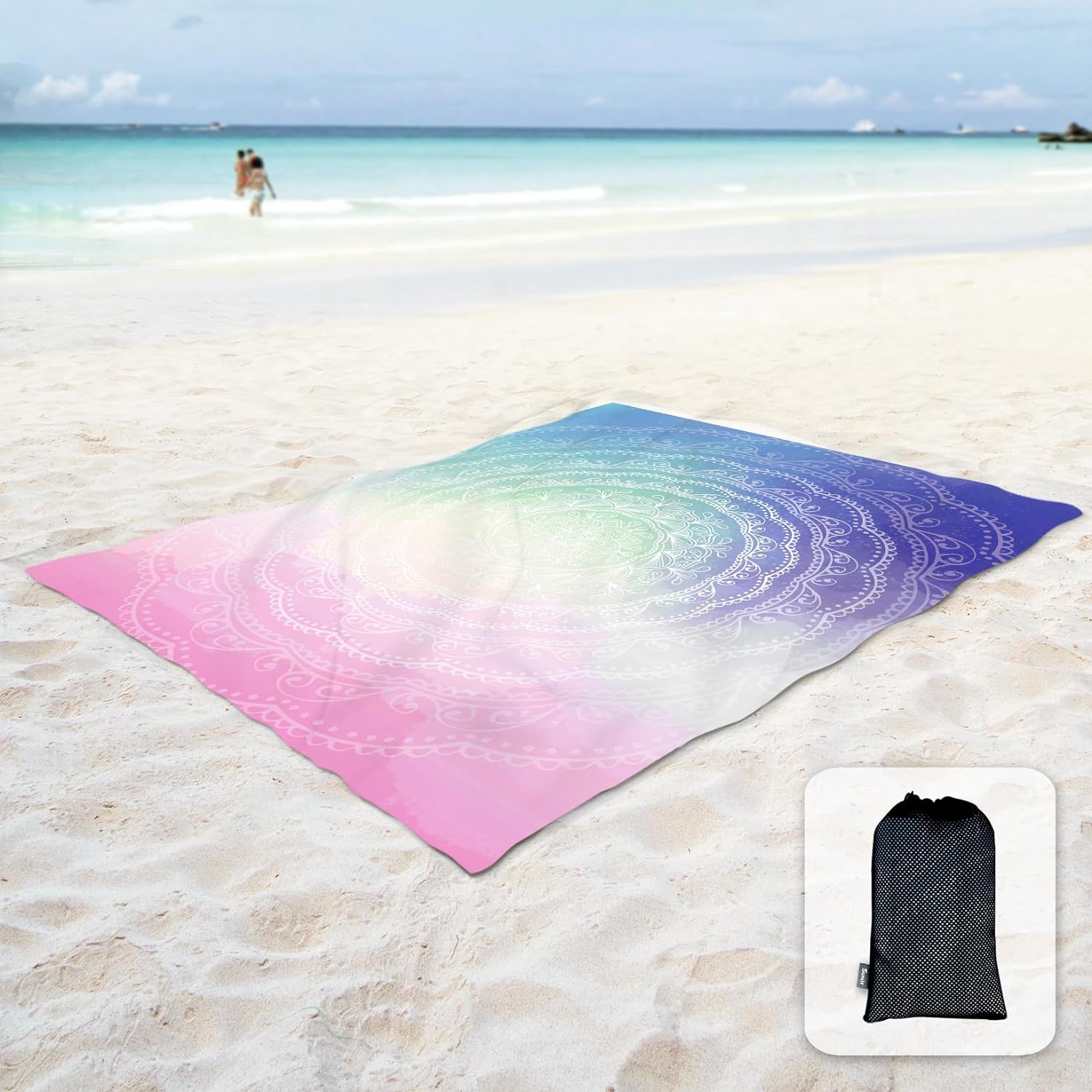 Sunlit 7'x9' Large Boho Sand Proof Beach Blanket, Sand Proof Mat with Corner Pockets and Mesh Bag for Beach Party, Travel, Camping and Outdoor Music Festival, Blue and Pink Circle Mandala