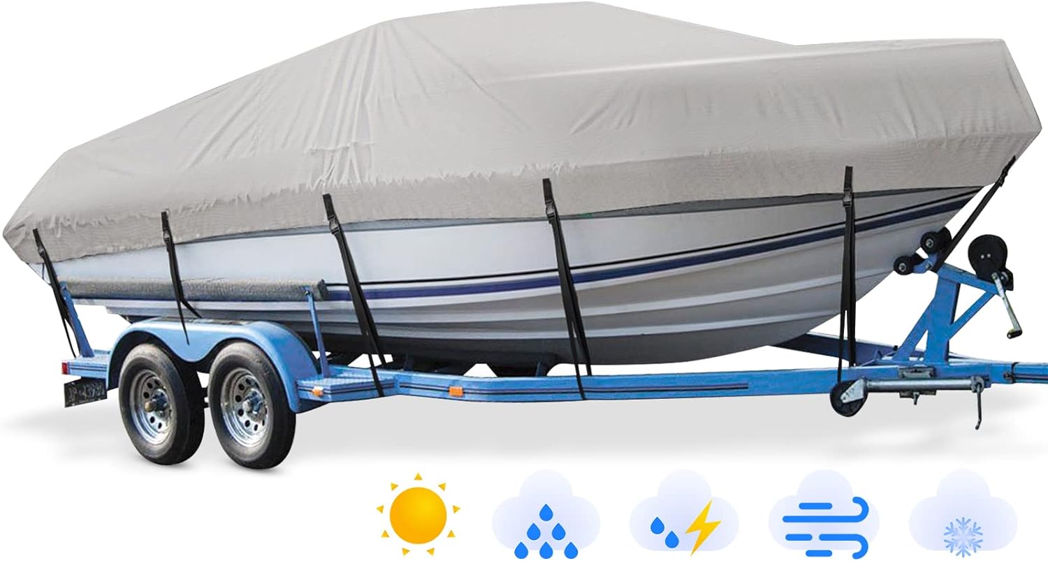 Mancro Heavy Duty Boat Cover 14-16ft Waterproof Winter Boat Cover Trailerable Boat Cover Marine Grade Canvas, Fits V-Hull,Tri-Hull, Runabout Boat Cover, Grey