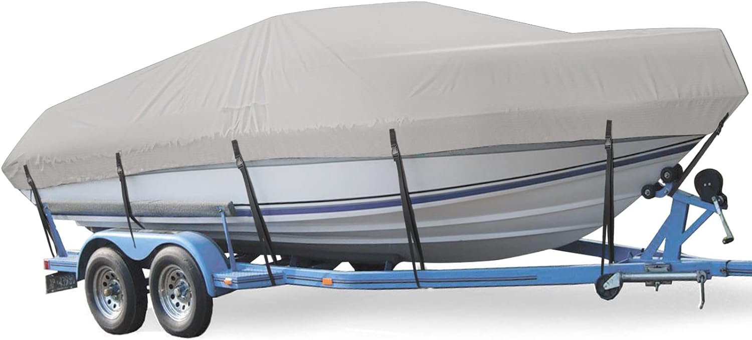 Mancro Boat Cover 20-22ft, Heavy Duty Waterproof Trailerable Boat Cover, UV Resistant Marine Grade Outboard Cover Compatible for Bass Boat, Fits Bayliner Tri-Hull V-Hull Fishing Runabout Boat, Grey