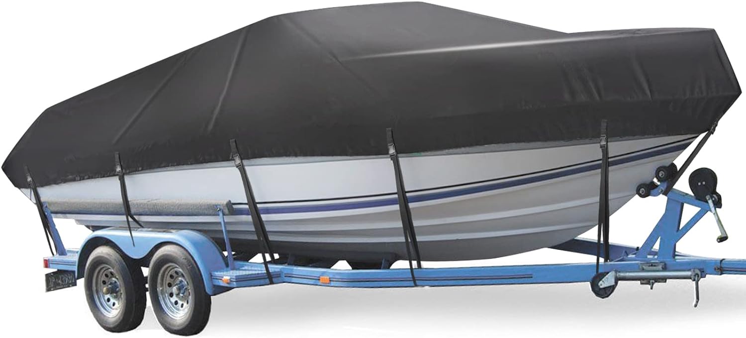 Mancro Boat Cover, 17-19ft Waterproof Trailerable Boat Cover, Heavy Duty UV Resistant Marine Grade Outboard Cover Compatible for Bass Boat, Fits Bayliner Tri-Hull V-Hull Fishing Runabout Boat, Black