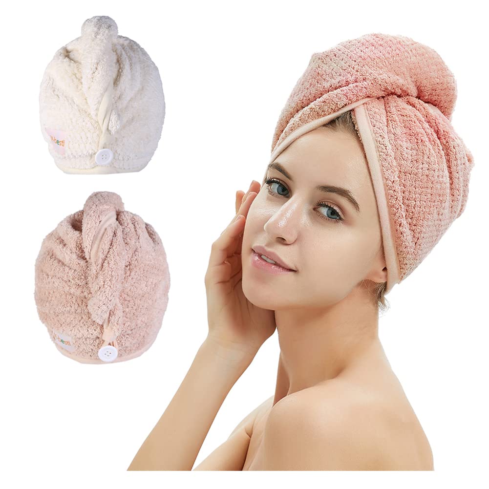 2 Pack Microfiber Hair Towel Wrap,Hair Drying Towel with Button, Towel Turban,Head Towel to Dry Hair Quickly (Pink&Beige)