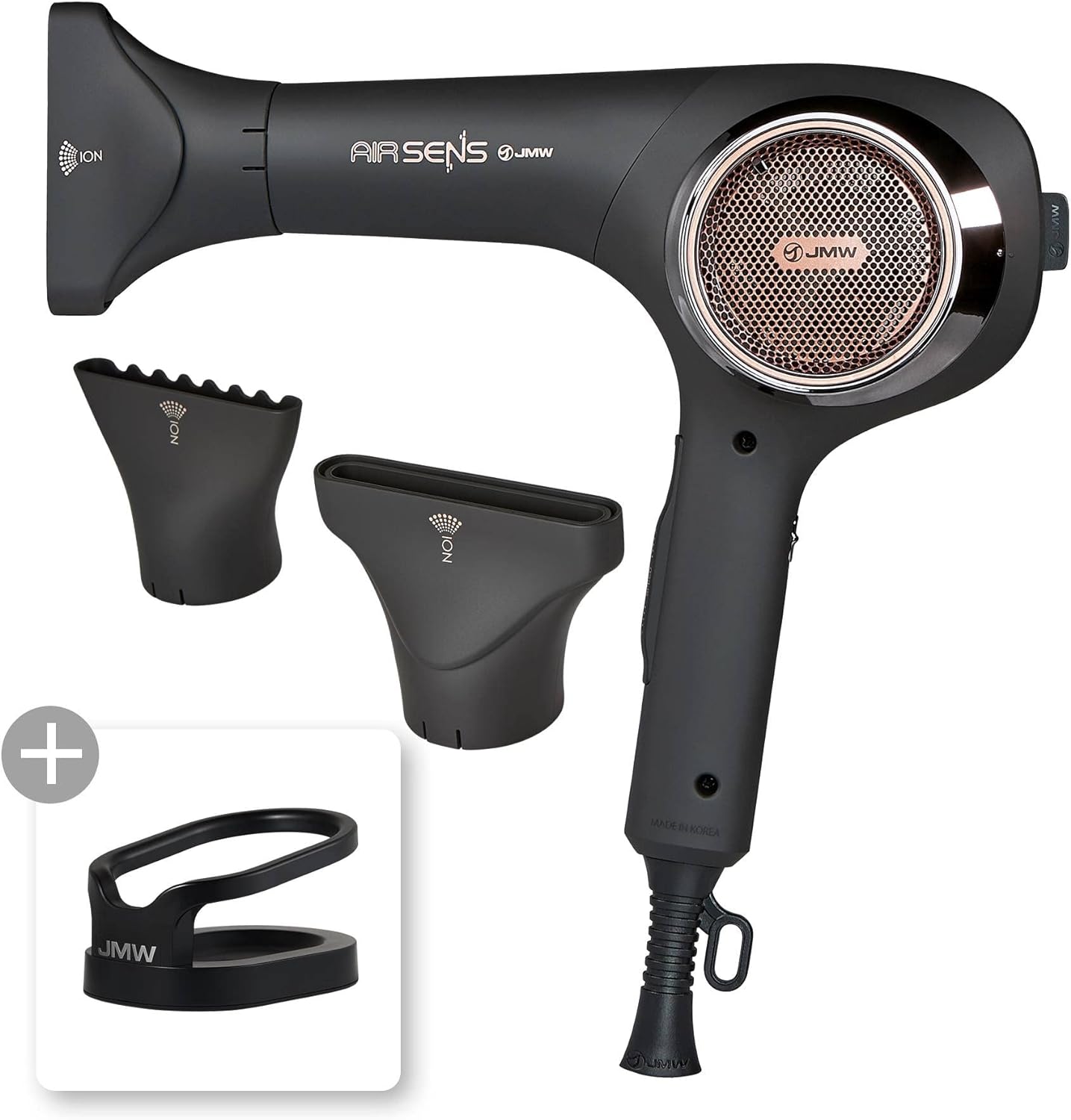 JMW AIR SENS Professional Hair Dryer - 3 Heat X 5 Wind Fast Drying, Low Noise, Curling, Durable, Best Blow Dryer Frizzy Hair, 2 Nozzles & Hair Dryer Comes with Holder for Salon Blowouts and Travel