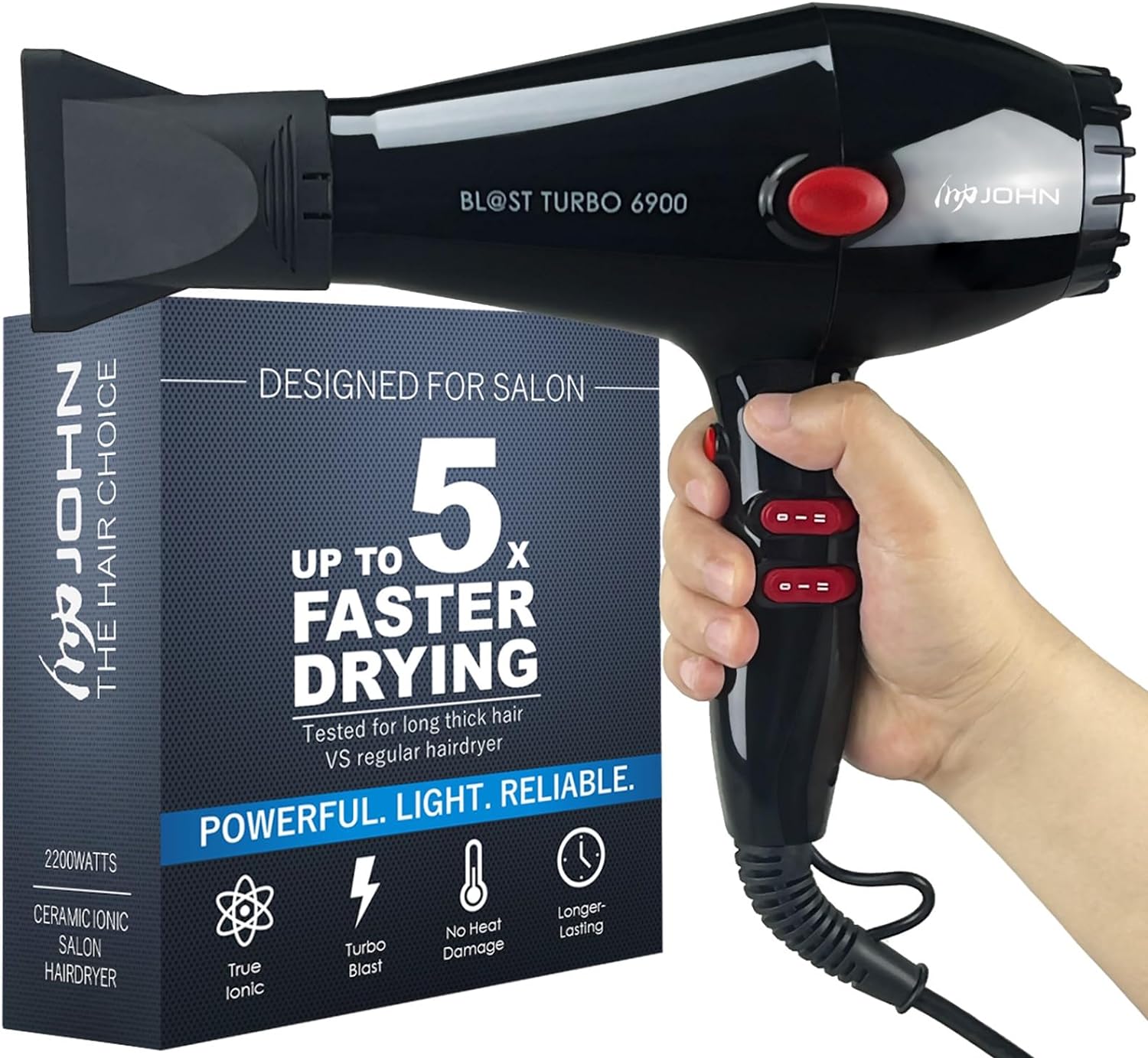 Hair Dryer, Professional Salon Blow Dryer with 2200Watts Powerful Ceramic Ionic, Fast Blow Drying, Blast Turbo 6900, Black