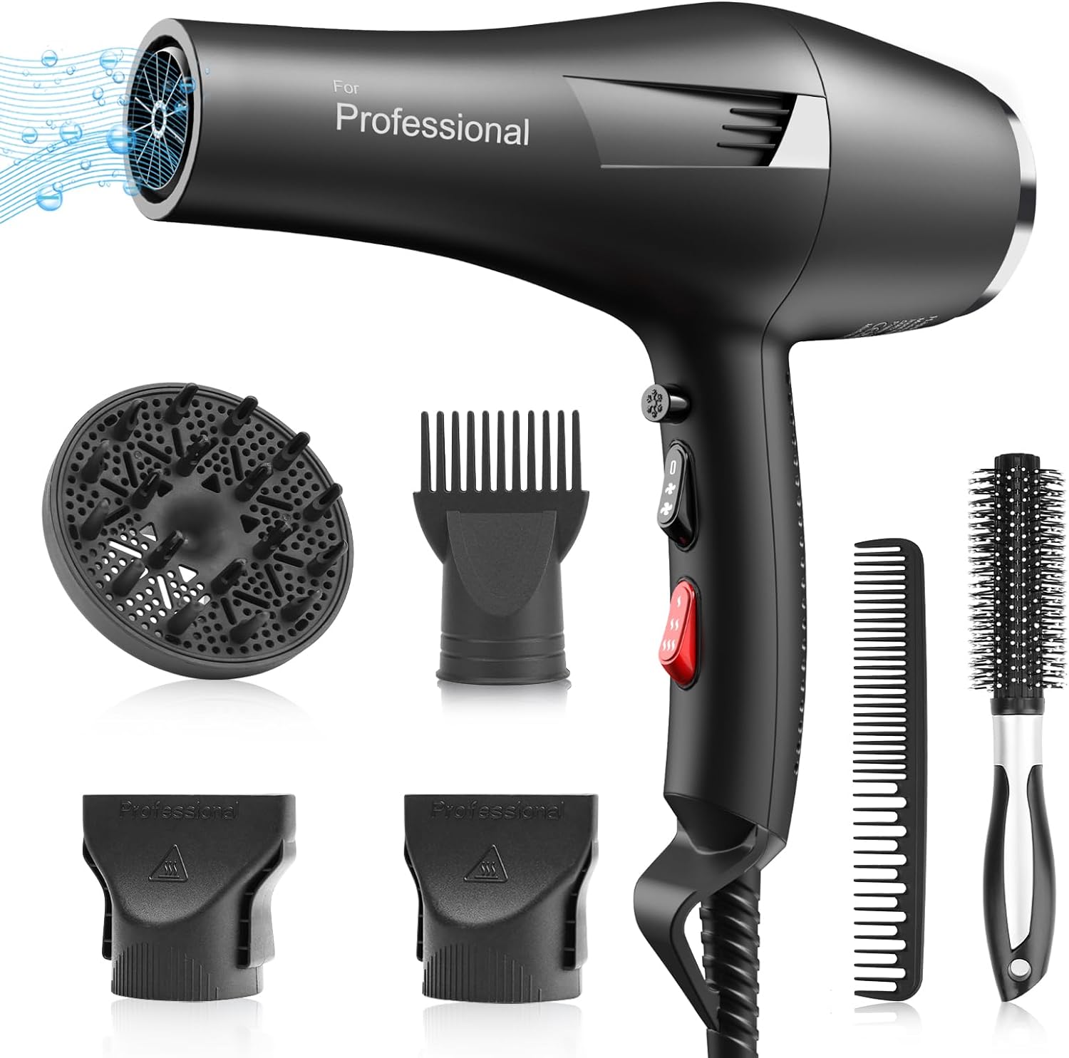 Ionic Salon Hair Dryer, Professional Blow Dryer 2200W AC Motor Fast Drying with 2 Speed, 3 Heat Setting, Cool Button, with Diffuser, Nozzle, Concentrator Comb for Curly and Straight Hair