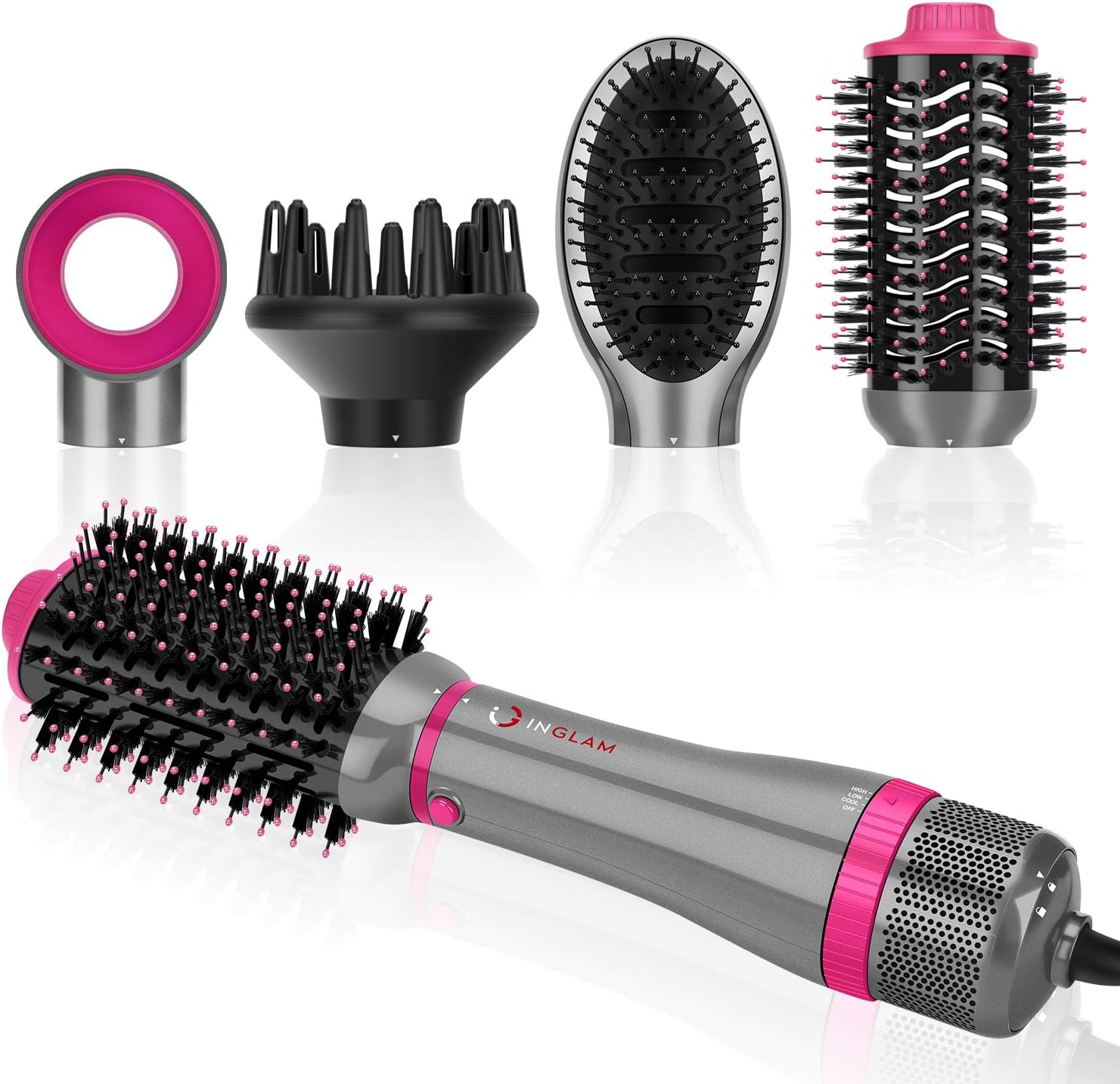 IG INGLAM 4 in 1 Blowout Brush, Negative Ion Detachable Hair Dryer & Styler Volumizer Hot Air Brush with 2 Styling Brush Heads, Silver