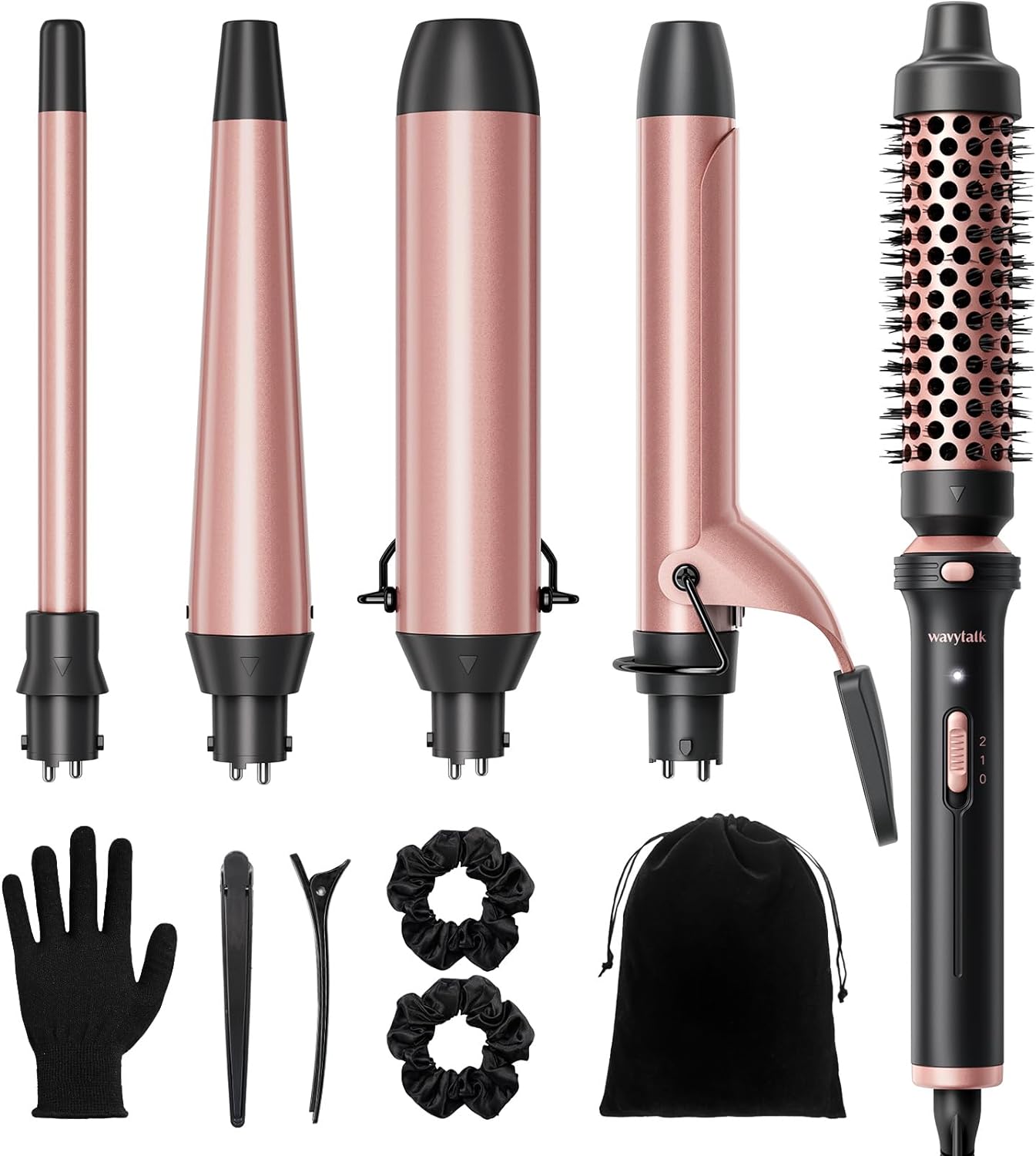 Wavytalk 5 in 1 Curling Iron,Curling Wand Set with Thermal Brush and 4 Interchangeable Ceramic Curling Wand(0.5-1.5),Instant Heat Up Wand Curler, Dual Voltage Curling Iron