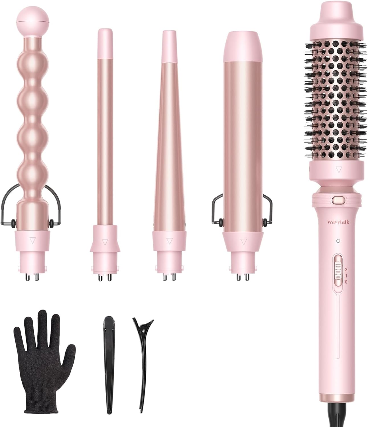 Wavytalk 5 in 1 Curling Iron,Curling Wand Set with Curling Brush and 4 Interchangeable Ceramic Curling Wand(0.5-1.25),Instant Heat Up,Include Heat Protective Glove & 2 Clips (Pink)