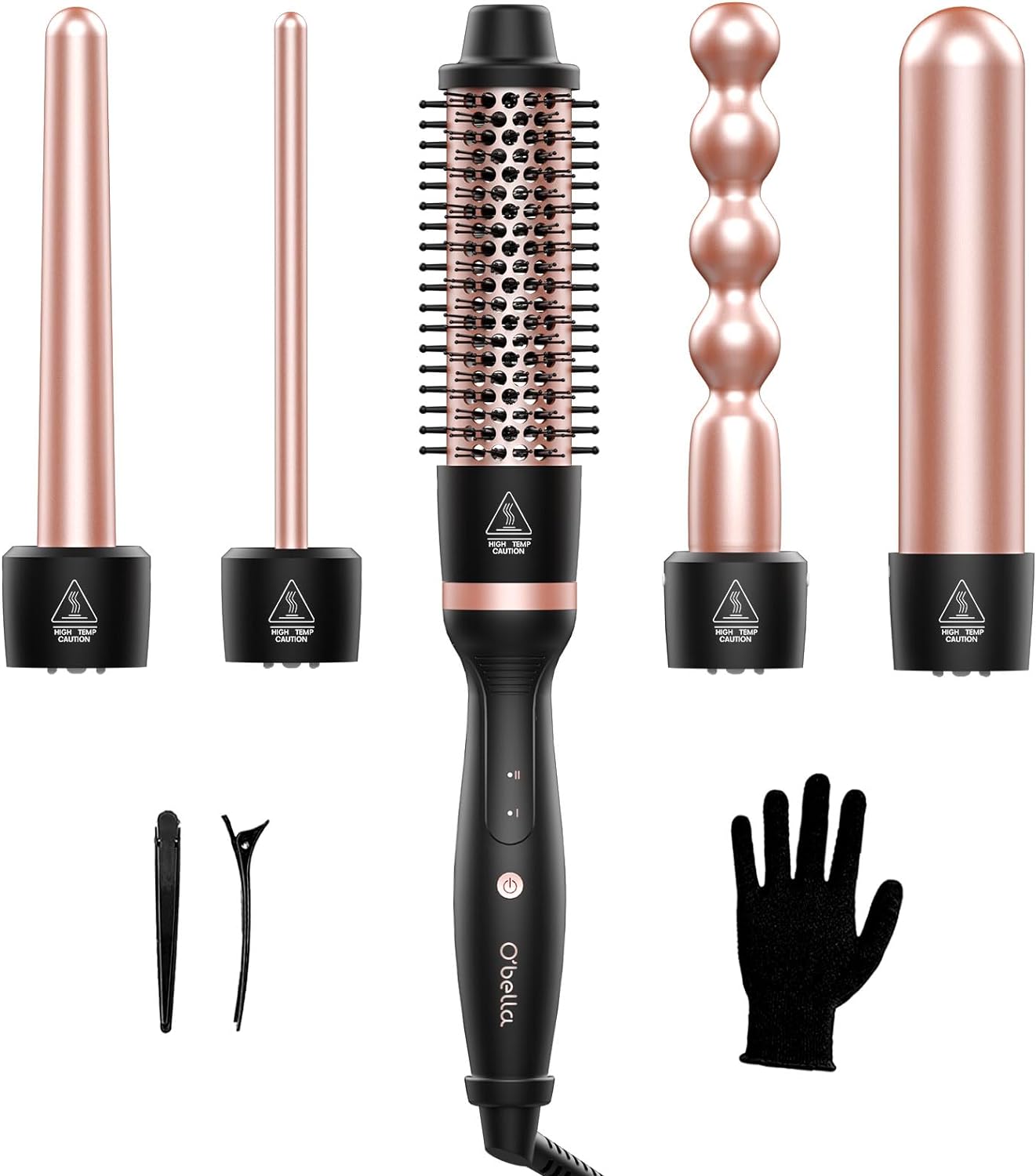 Curling Iron Set, O'bella 5 in 1 Curling Wand Interchangeable Ceramic Barrels(0.35-1.25) and Curling Brush, 2 Temps Instantly Heated, Dual Voltage Hair Curlers, Glove & 2 Clips Hair Crimper Tool