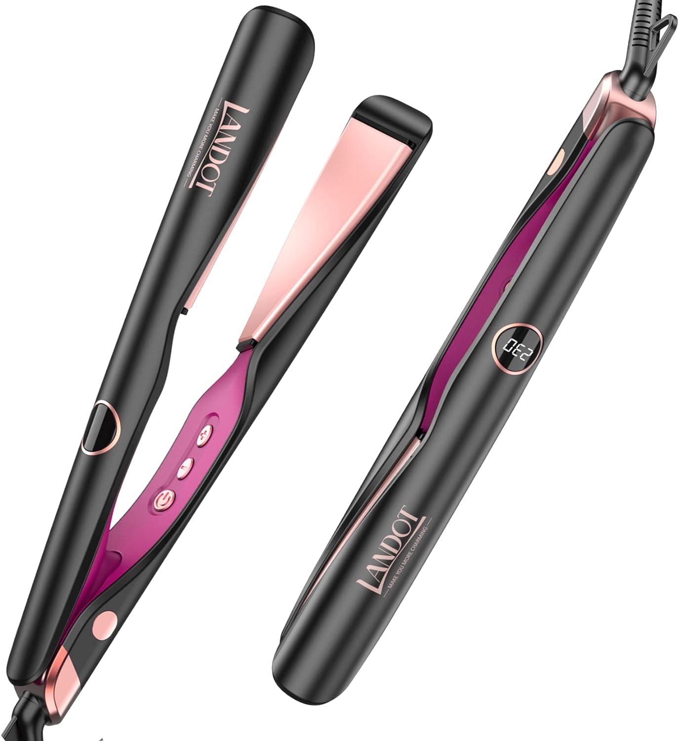 LANDOT Hair Straightener Flat Curling Iron: Straightener and Curler 2 in 1 - Twist Straightening Curling Iron Combo for Curl Wave Straighten Women Hair - 1 Inch Dual Voltage