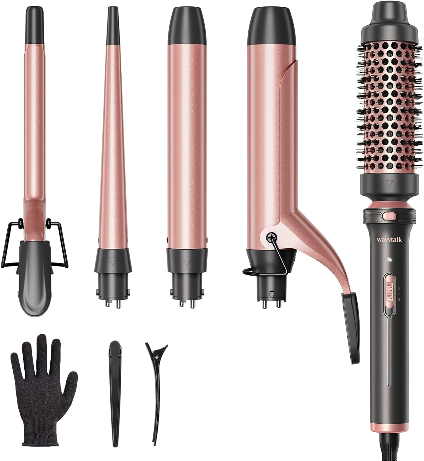 Wavytalk 5 in 1 Curling Iron Set with Curling Brush and 4 Interchangeable Ceramic Curling Wand (0.35-1.25), Instant Heat Up, Dual Voltage Hair Curler