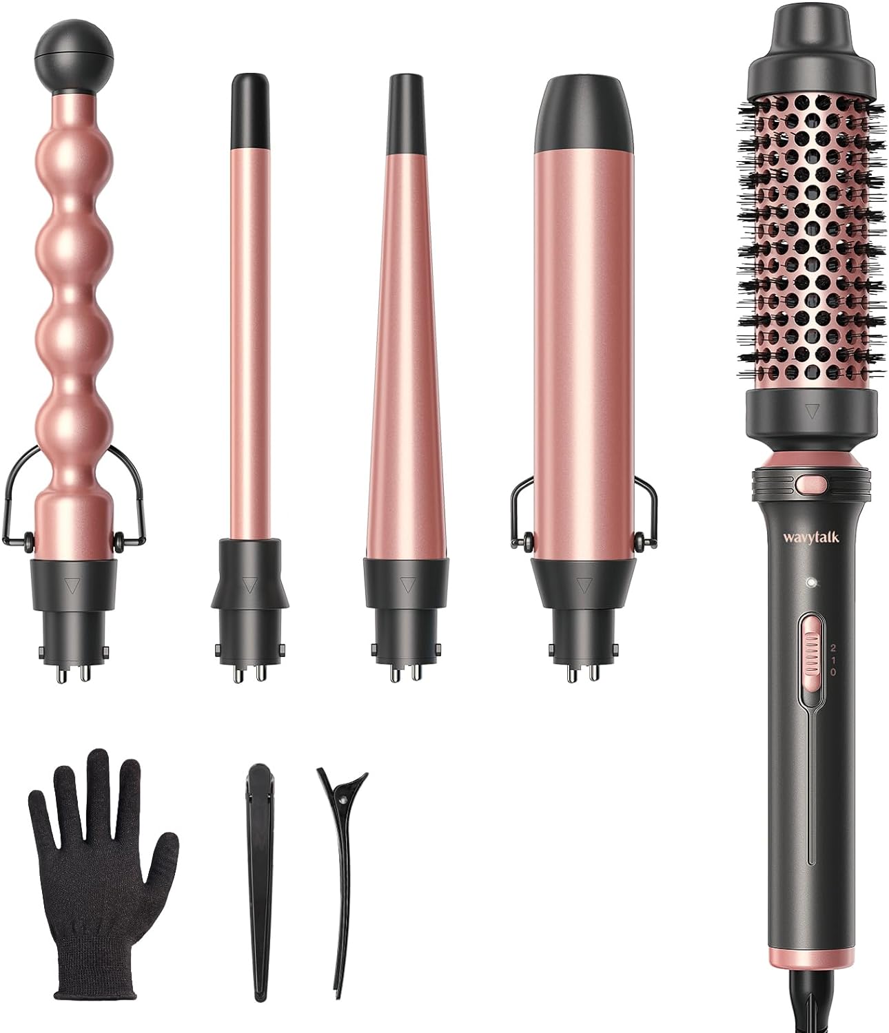 Wavytalk 5 in 1 Curling Iron,Curling Wand Set with Curling Brush and 4 Interchangeable Ceramic Curling Wand(0.5-1.25),Instant Heat Up,Include Heat Protective Glove & 2 Clips