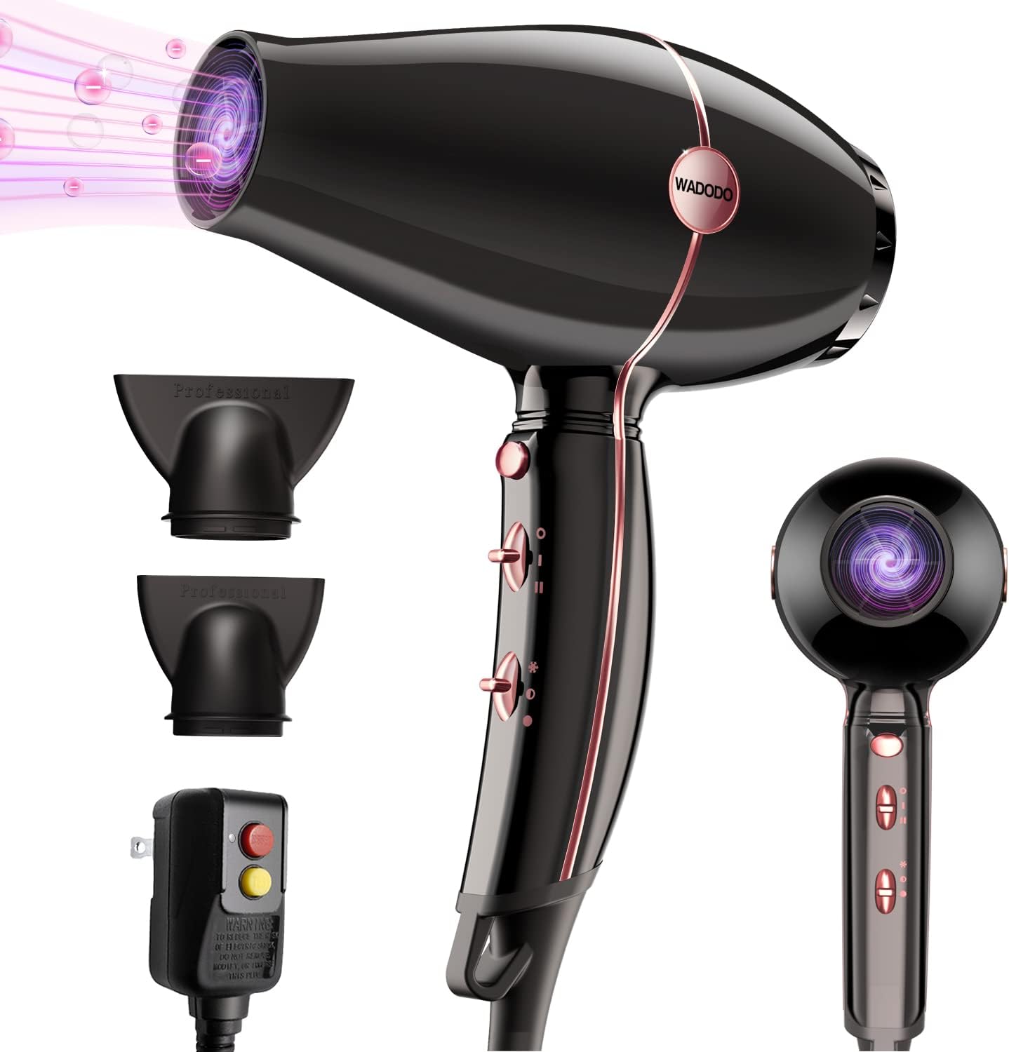 Ionic Hair Dryer, 2000W Professional Blow Dryer Fast Drying Hairdryer Travel Blowdryer, Lightweight Constant Temperature Low Noise Portable Salon Ion Hair Dryers for Women Men(Bright Black)
