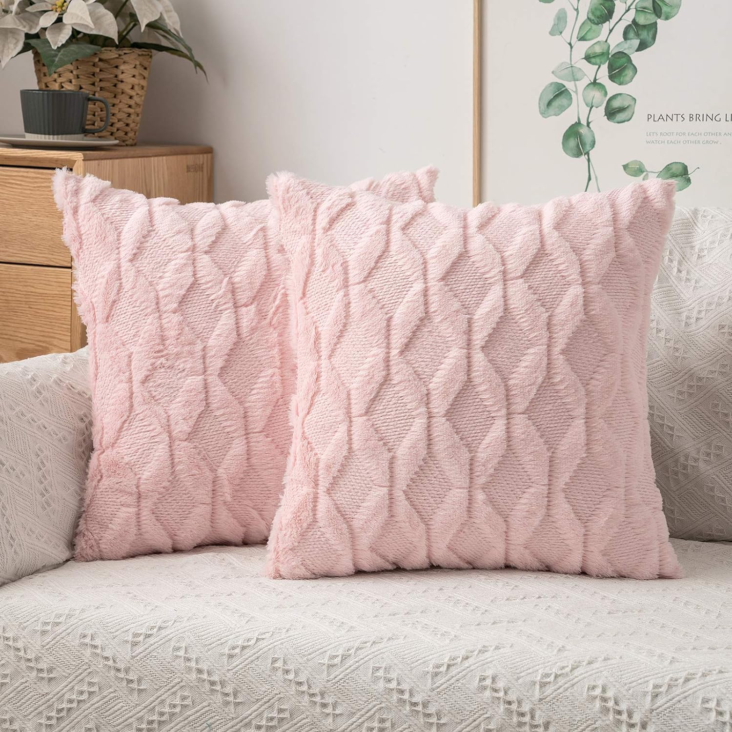 MIULEE Light Pink Throw Pillow Covers 20x20 Set of 2 Spring Decorative Farmhouse Couch Throw Pillows Boho Shells Soft Plush Wool Pillowcases for Bedroom Living Room Sofa