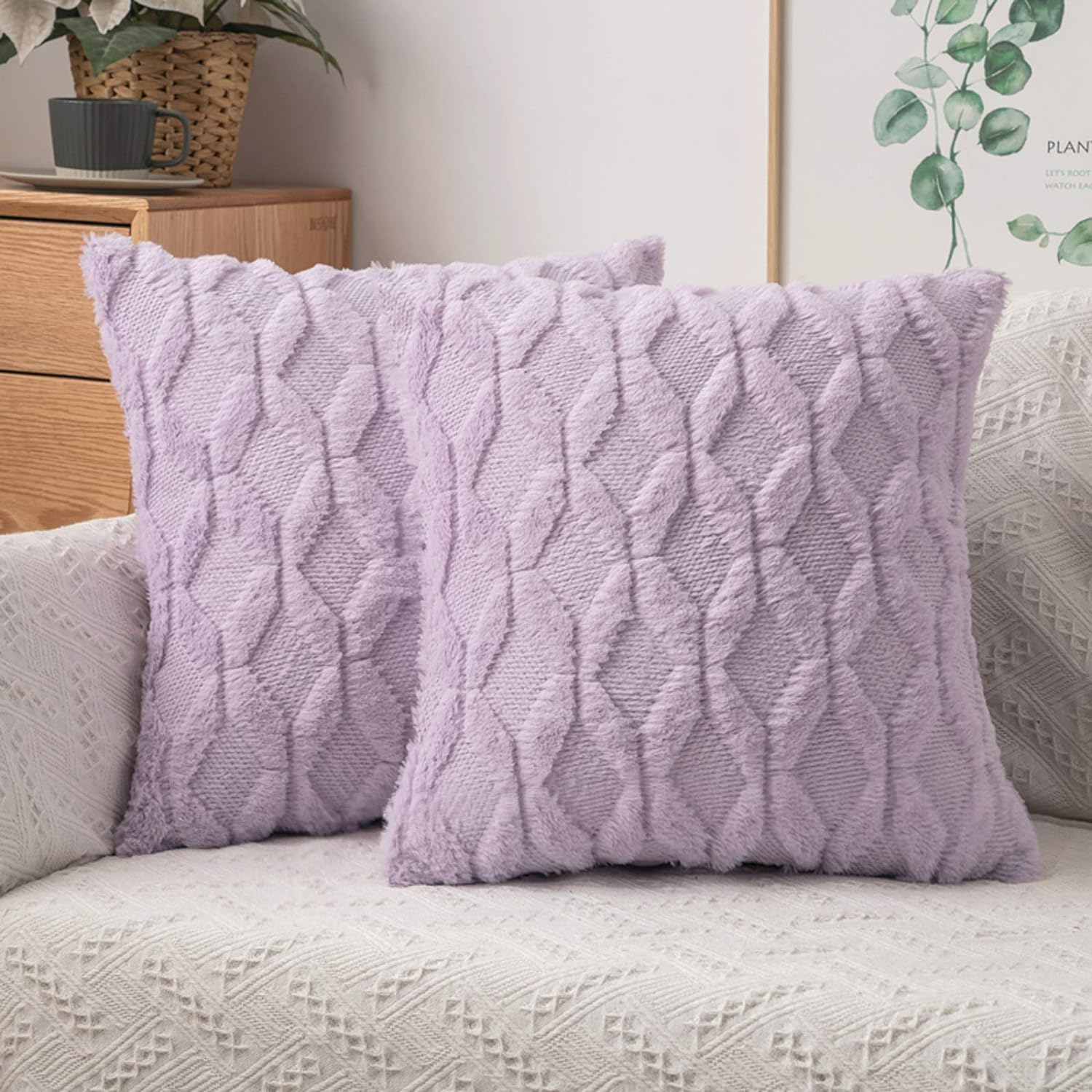 MIULEE Light Purple Throw Pillow Covers 20x20 Set of 2 Spring Decorative Farmhouse Couch Throw Pillows Boho Shells Soft Plush Wool Pillowcases for Bedroom Living Room Sofa