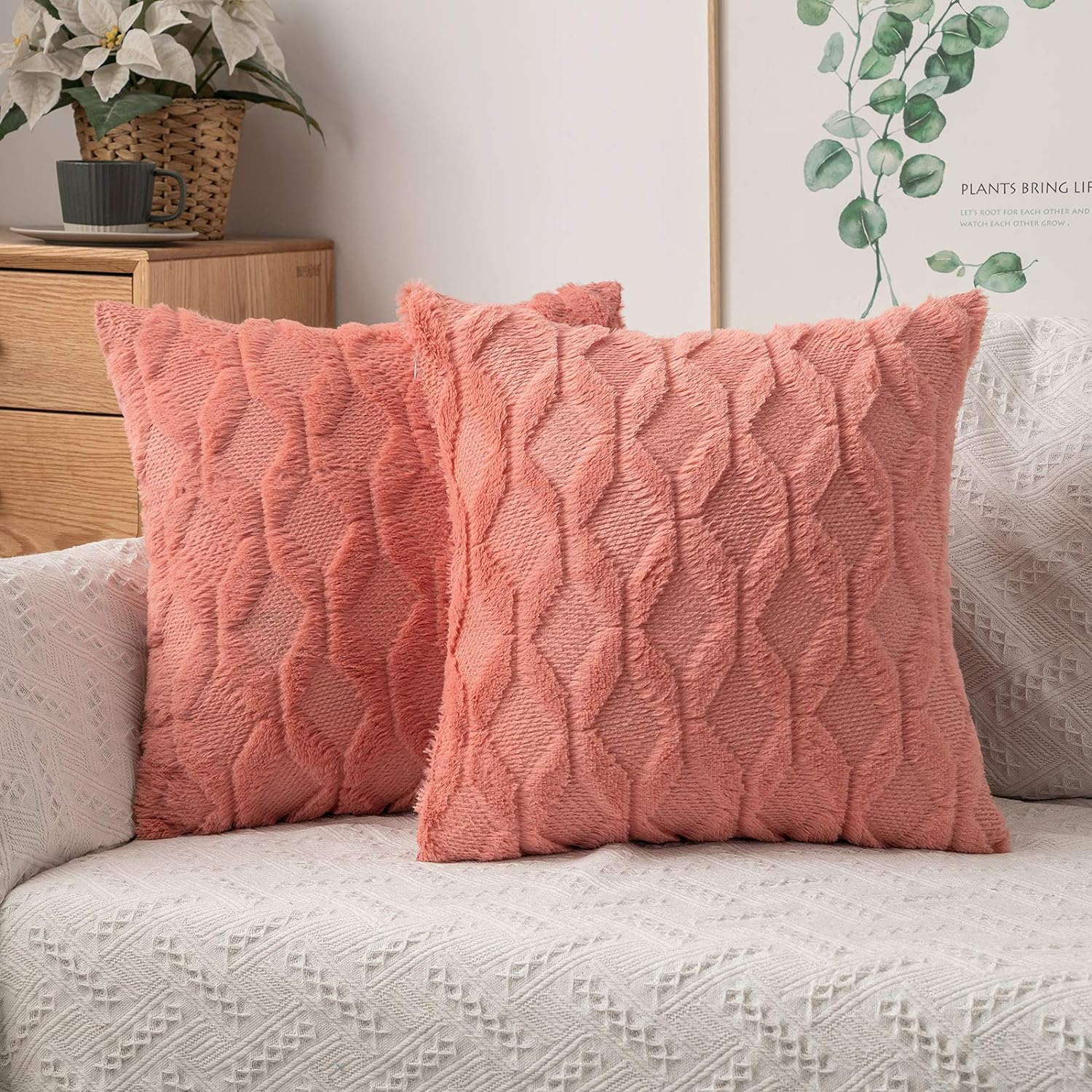 MIULEE Coral Red Throw Pillow Covers 20x20 Set of 2 Spring Decorative Farmhouse Couch Throw Pillows Boho Shells Soft Plush Wool Pillowcases for Bedroom Living Room Sofa