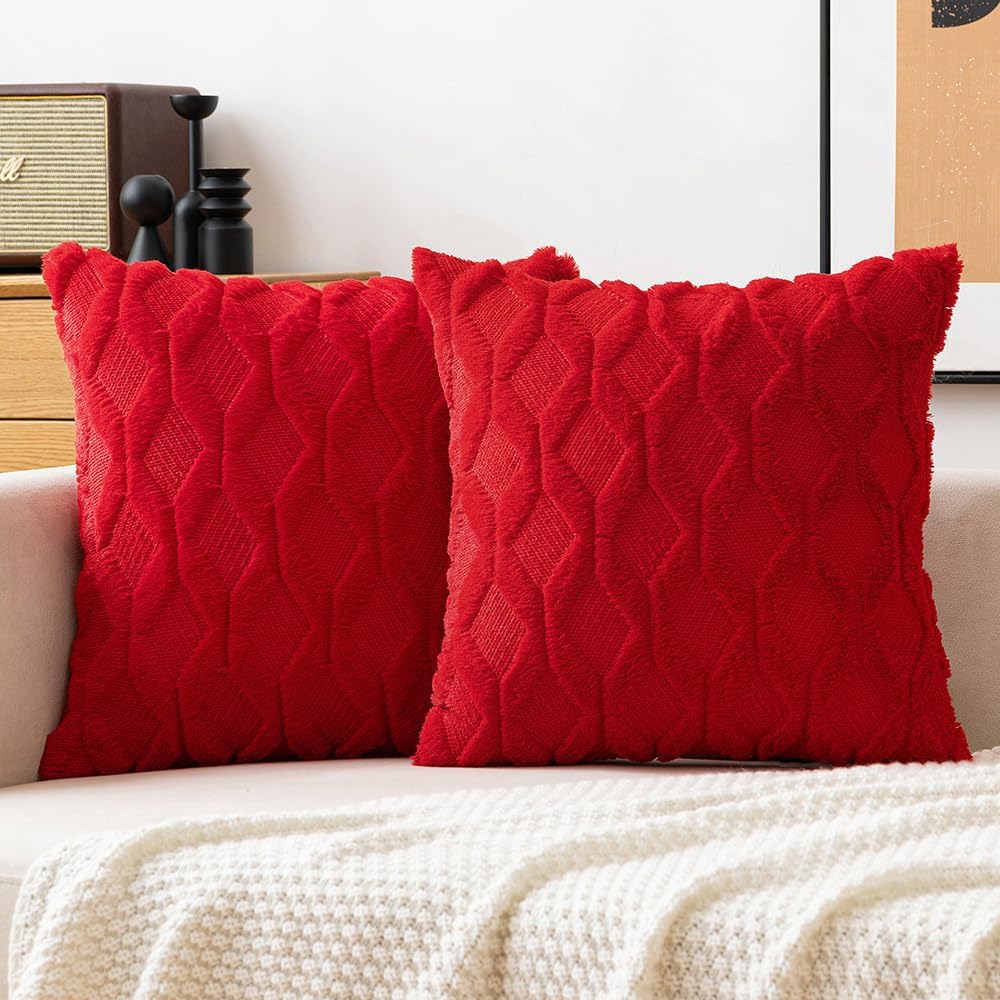 MIULEE Red Throw Pillow Covers 18x18 Set of 2 Decorative Farmhouse Couch Throw Pillows Boho Shells Soft Plush Wool Pillowcases for Bedroom Living Room Sofa