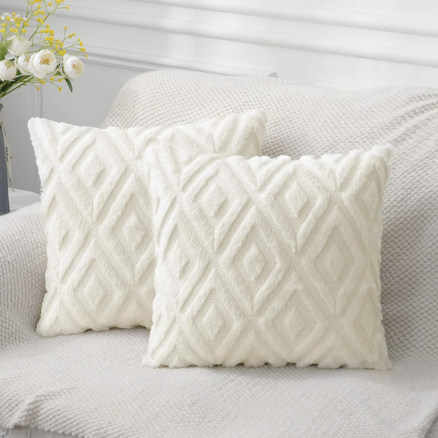 Soft Faux Fur Throw Pillow Covers 16x16 - Plush Short Wool Velvet Decorative Pillow Covers - Couch Sofa Pillow Covers for Living Room - with 3D Diamond Pattern - Set of 2 - Cream White