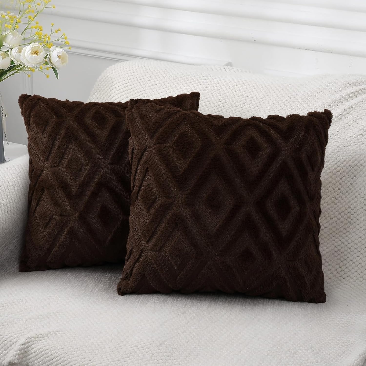 Soft Faux Fur Throw Pillow Covers 16x16 - Plush Short Wool Velvet Decorative Pillow Covers - Couch Sofa Pillow Covers for Living Room - with 3D Diamond Pattern - Set of 2 - Brown