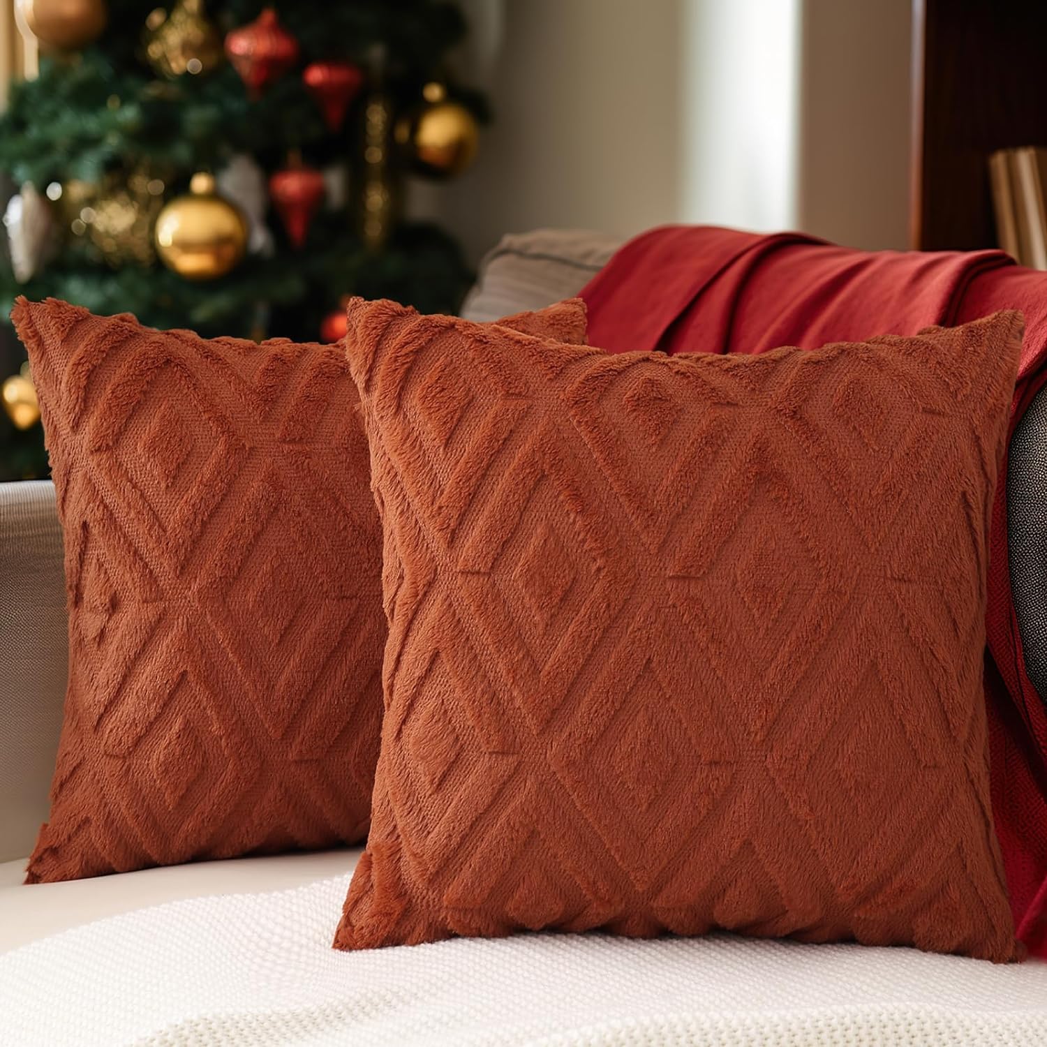 Soft Faux Fur Throw Pillow Covers 18x18 - Plush Short Wool Velvet Decorative Pillow Covers - Couch Sofa Pillow Covers for Living Room - with 3D Diamond Pattern - Set of 2 - Rust