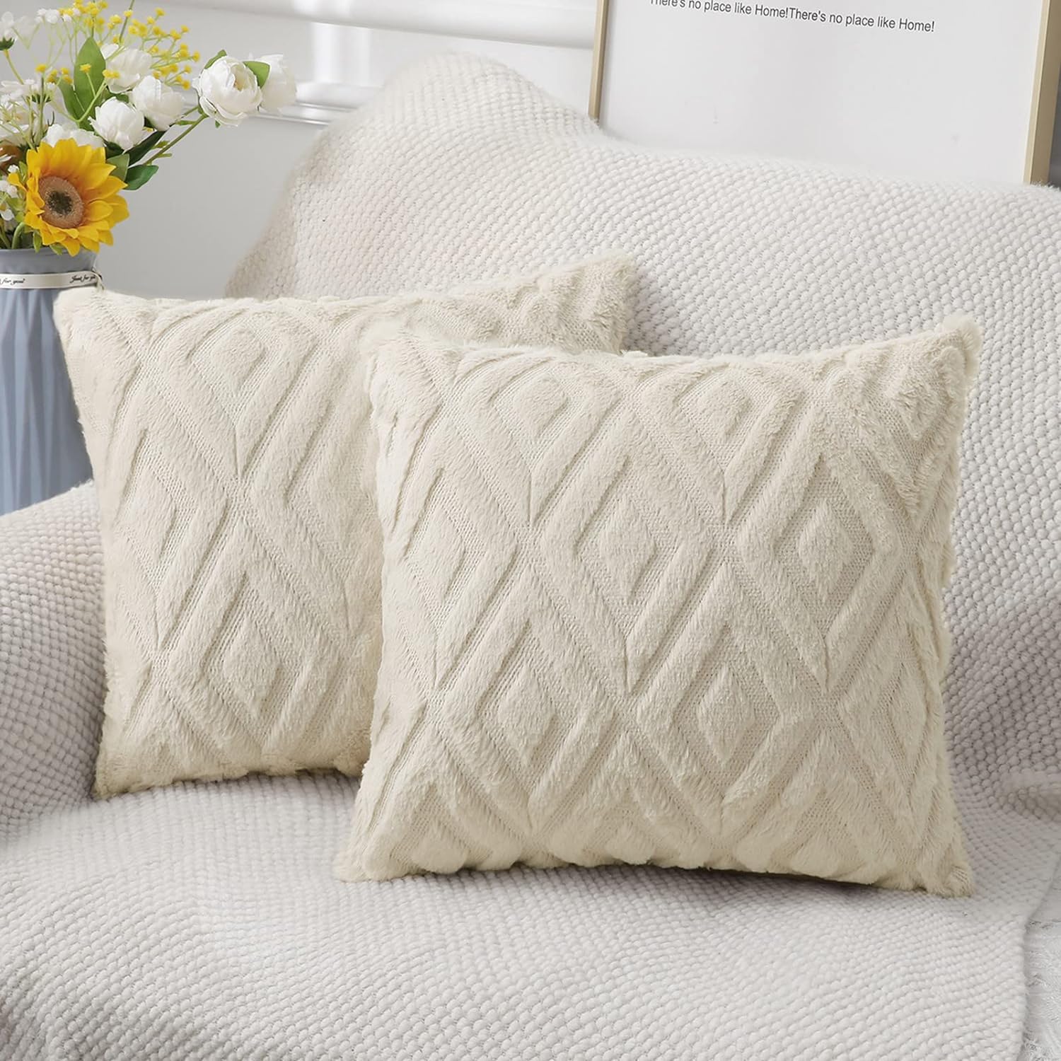 Soft Faux Fur Throw Pillow Covers 18x18 - Plush Short Wool Velvet Decorative Pillow Covers - Couch Sofa Pillow Covers for Living Room - with 3D Diamond Pattern - Set of 2 - Beige